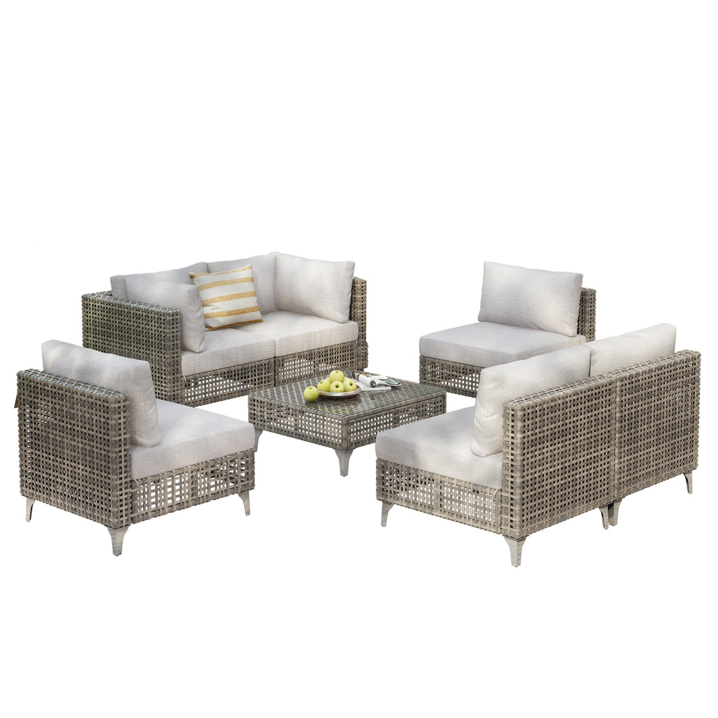 7-Piece Outdoor Wicker Sectional Sofa with Water Resistant Cushions and Coffee Table