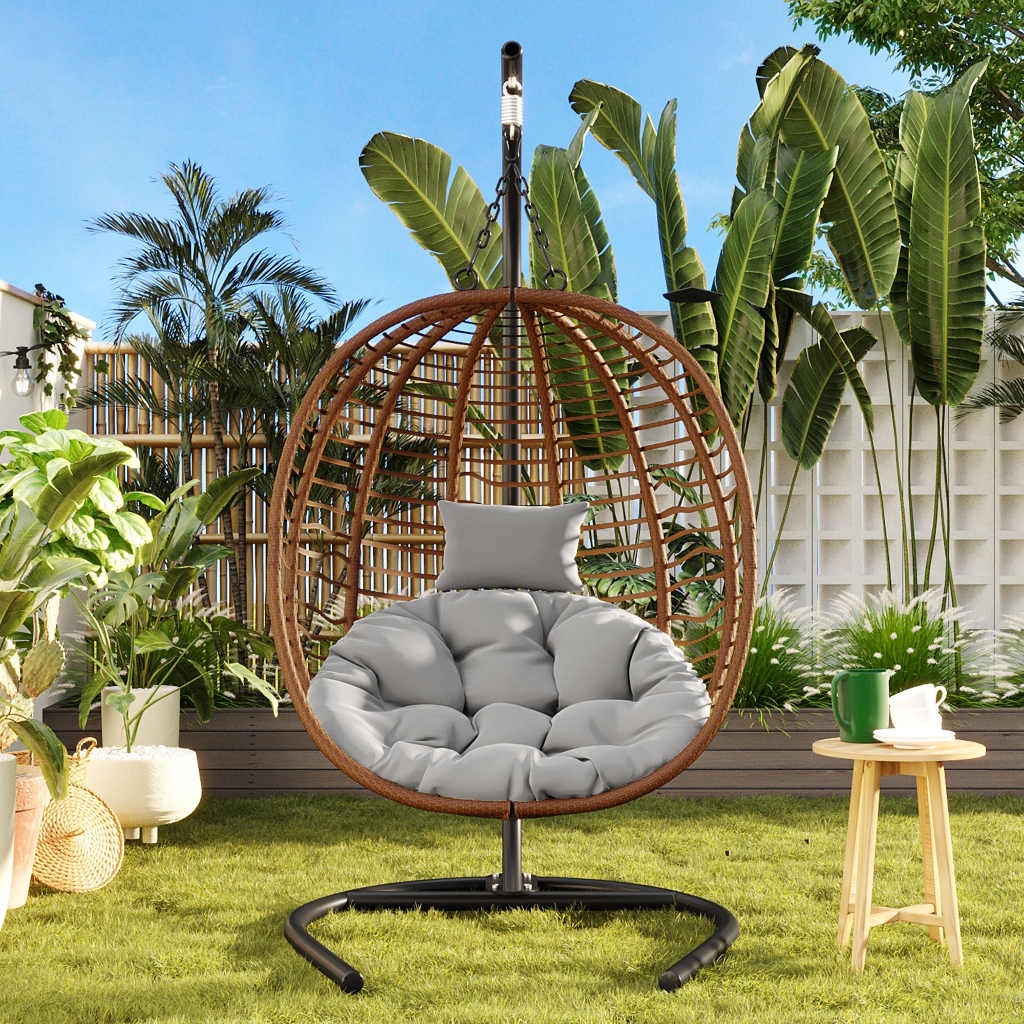 Folding Hanging Swinging Egg Chair with Stand & Tufted Cushion