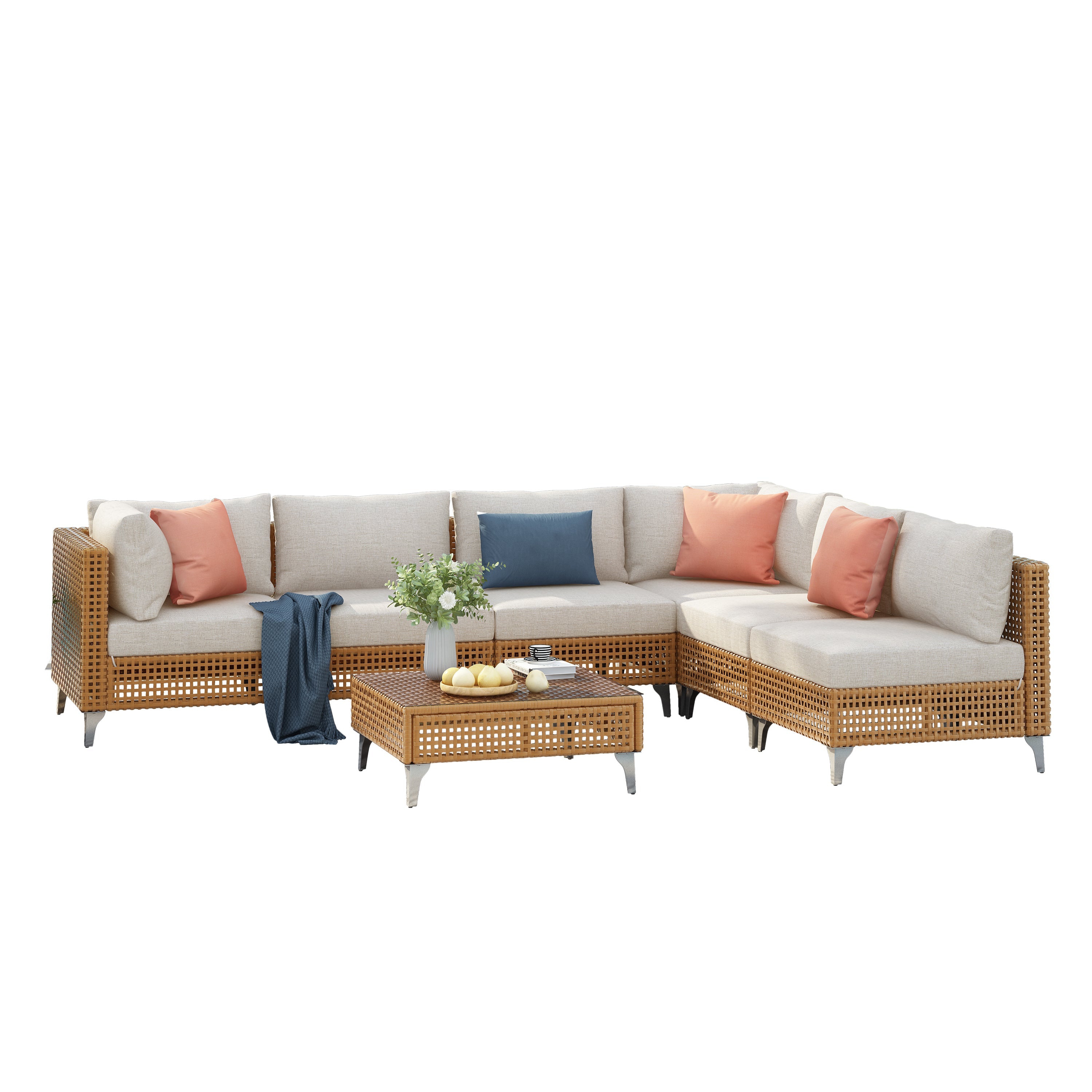 7-Piece Outdoor Wicker Sectional Sofa with Water Resistant Cushions and Coffee Table