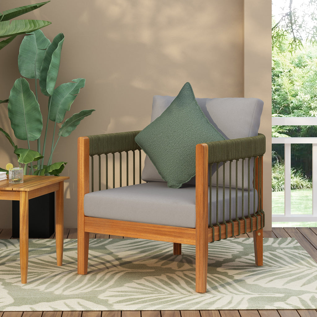 Azari Outdoor Acacia Wood Club Chair with Handwoven Rope Accents & Curved Backrest