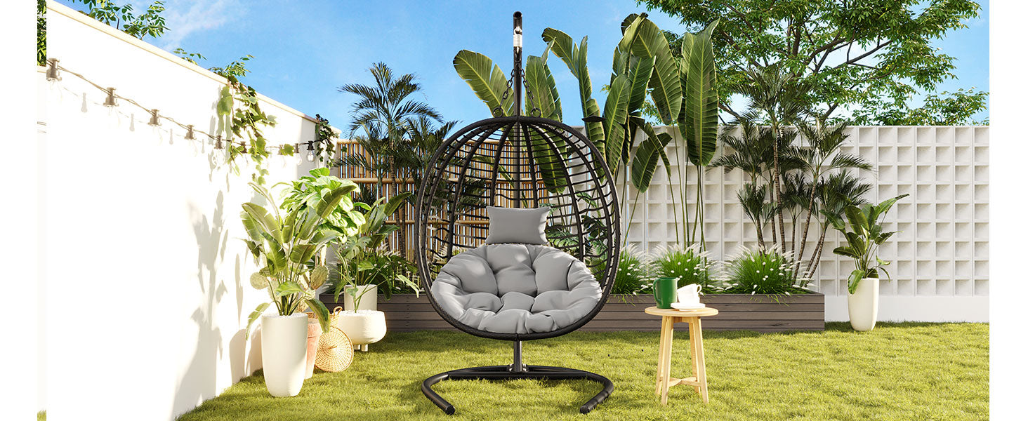 Folding Hanging Swinging Egg Chair with Stand & Tufted Cushion
