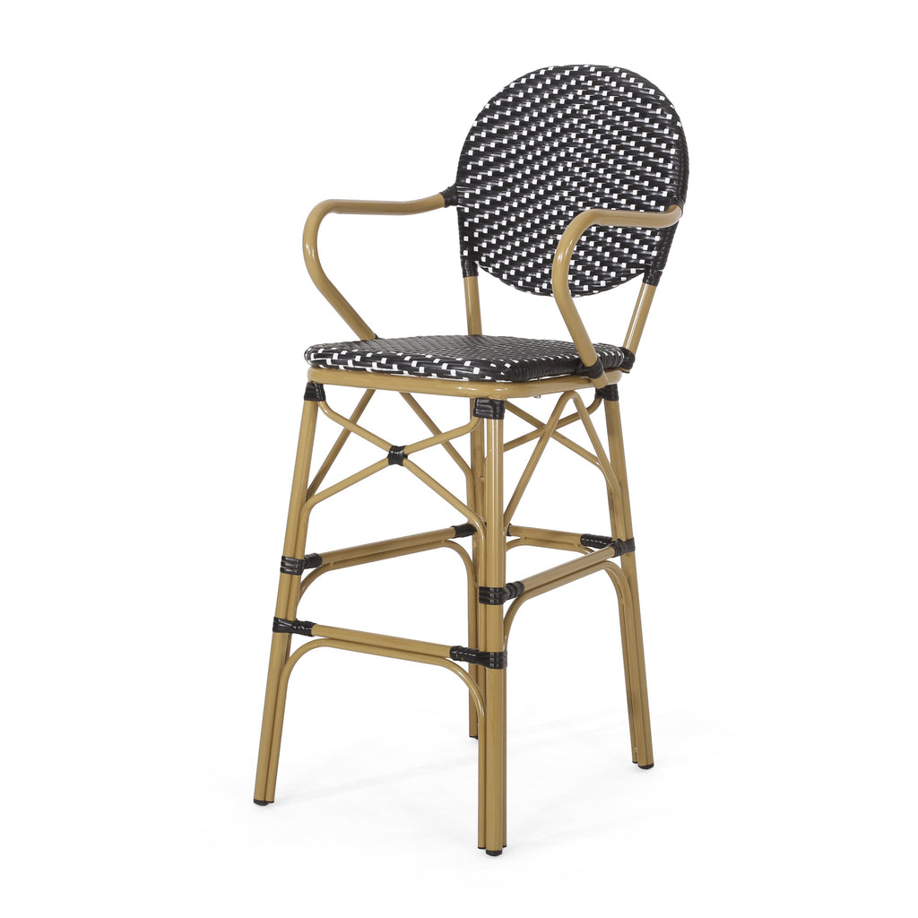 Valorous Outdoor Wicker Bar Stool with Round Back and Curved Arms, Set of 2