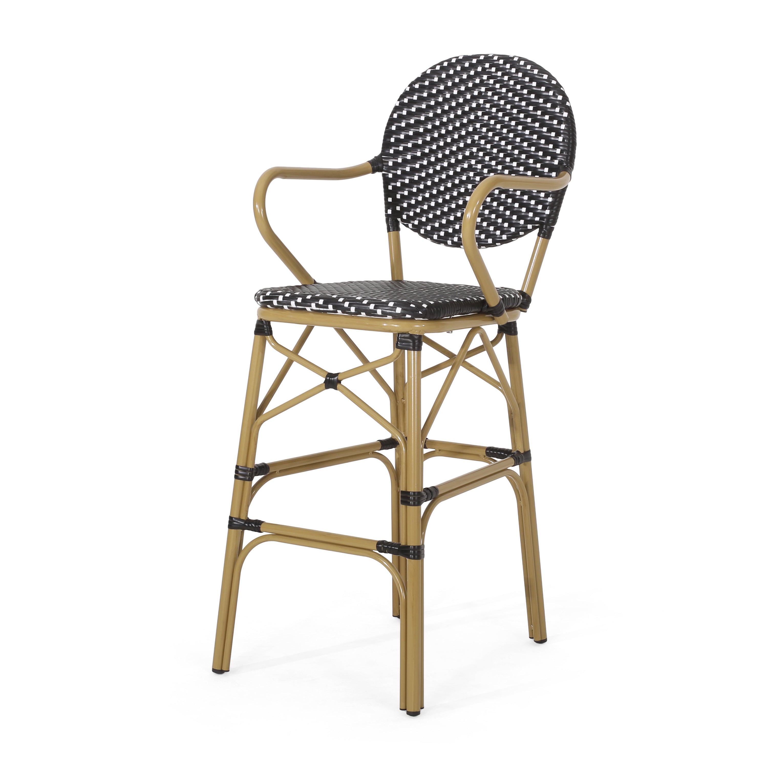 Valorous Outdoor Wicker Bar Stool with Round Back and Curved Arms, Set of 2