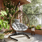 Foldable Rattan Egg Swing Chair with Iron Frame, Plush Cushion & Removable Headrest