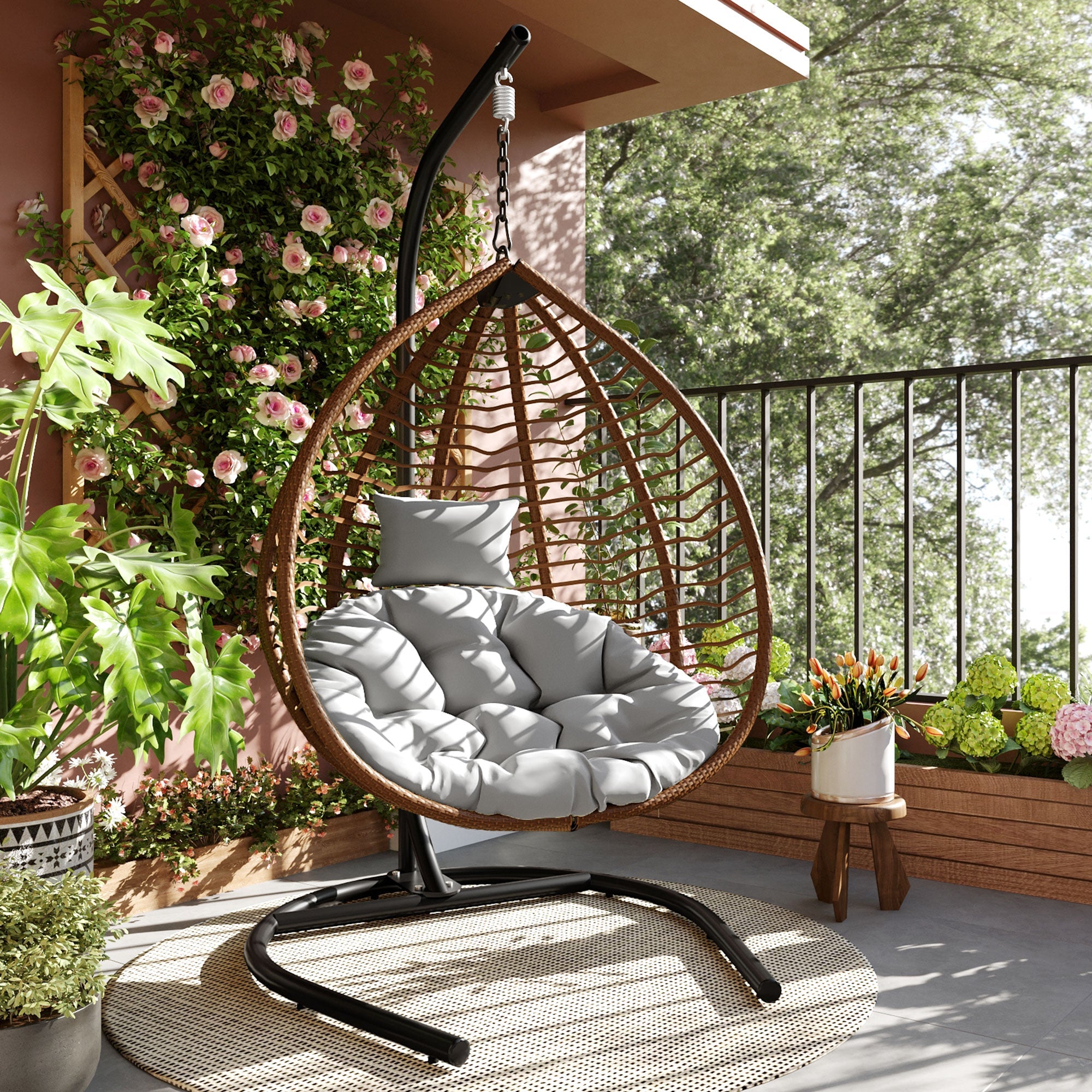 Foldable Rattan Egg Swing Chair with Iron Frame, Plush Cushion & Removable Headrest