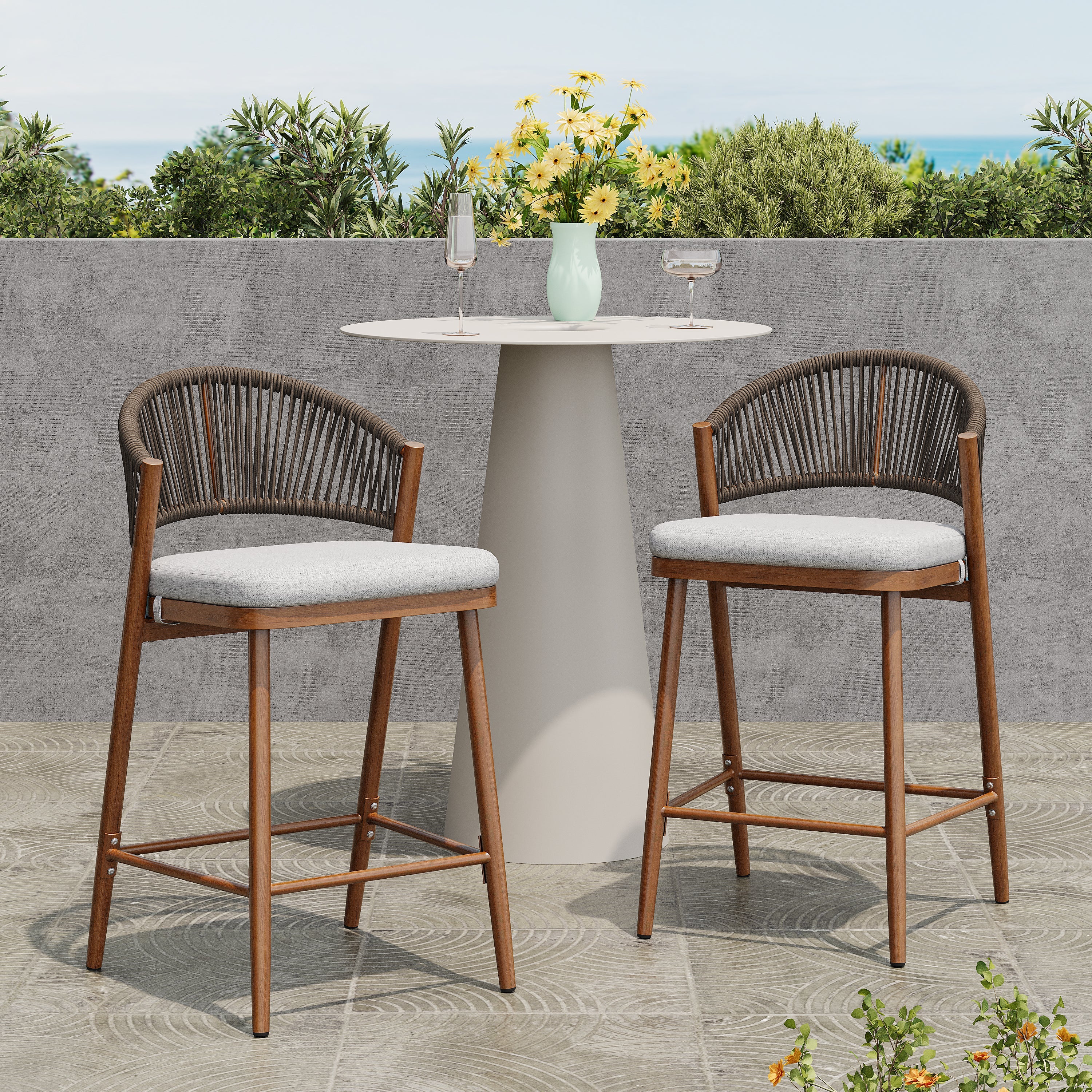 Outdoor Metal Frame Stools with Scallop-Shaped Backrest & Water-Resistant Cushions, Set of 2