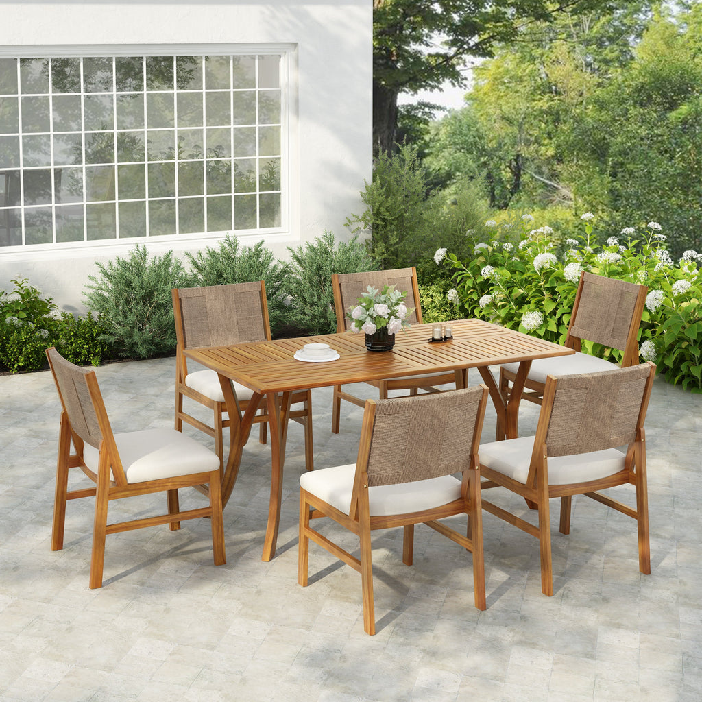 Monica Outdoor Wood and Wicker Woven 7 Piece Dining Set