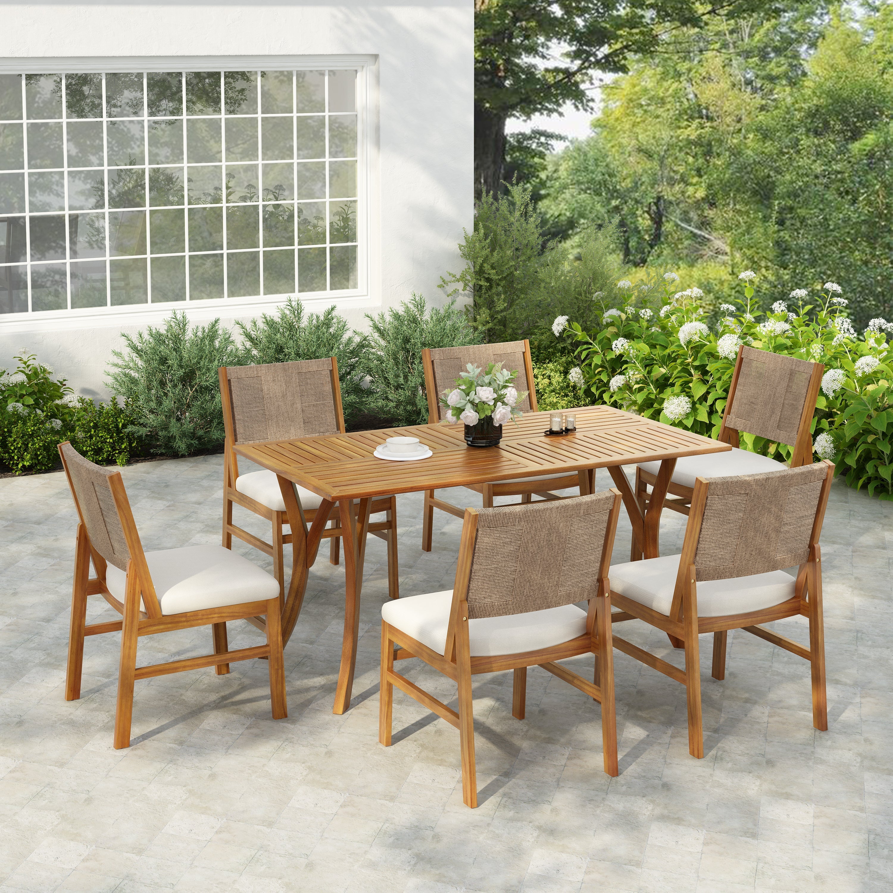 Monica Outdoor Wood and Wicker Woven 7 Piece Dining Set