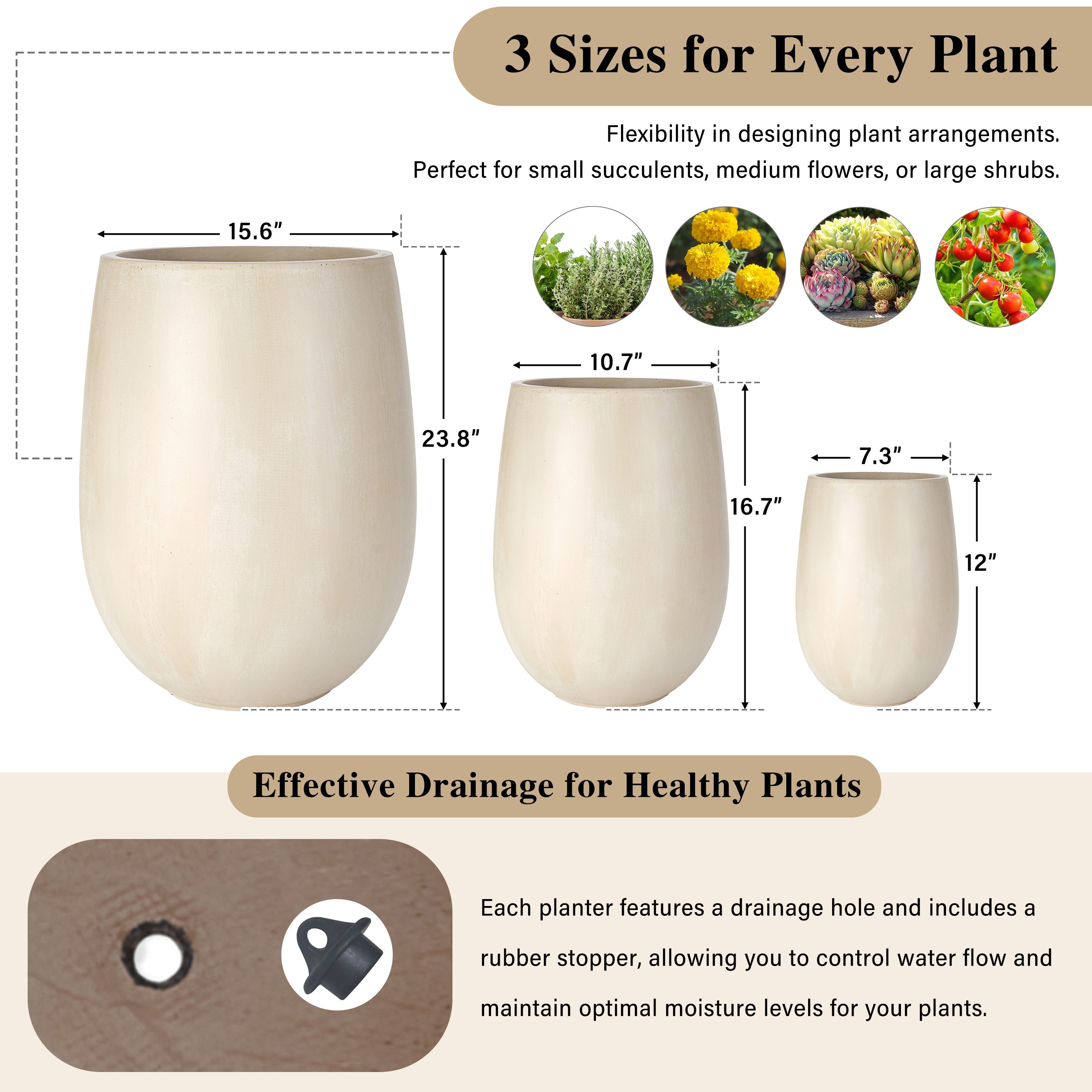Egg Shaped Lightweight Outdoor Planter, Set of 3