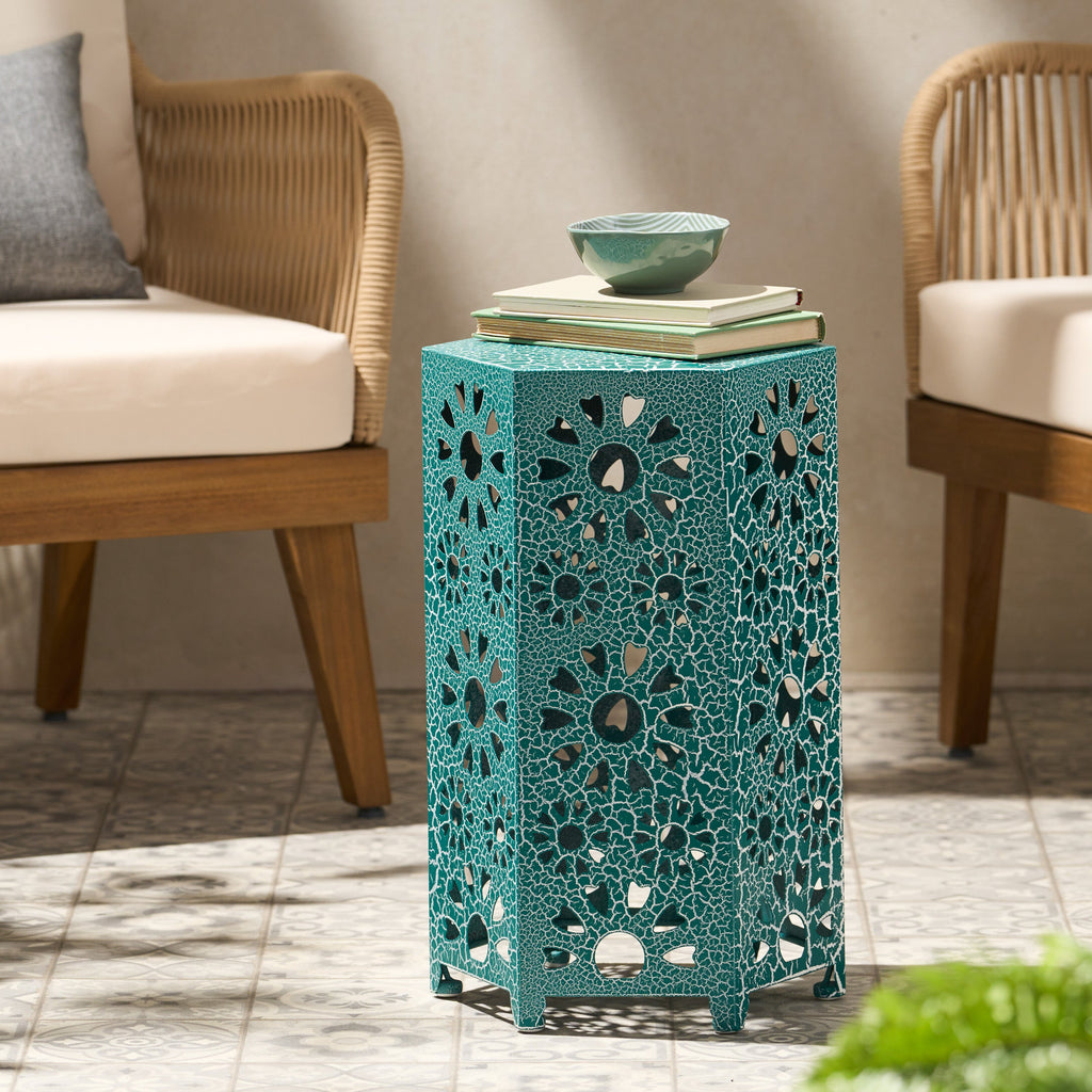 Enshrine Outdoor Iron Side Table with Sunburst Cut Out Design
