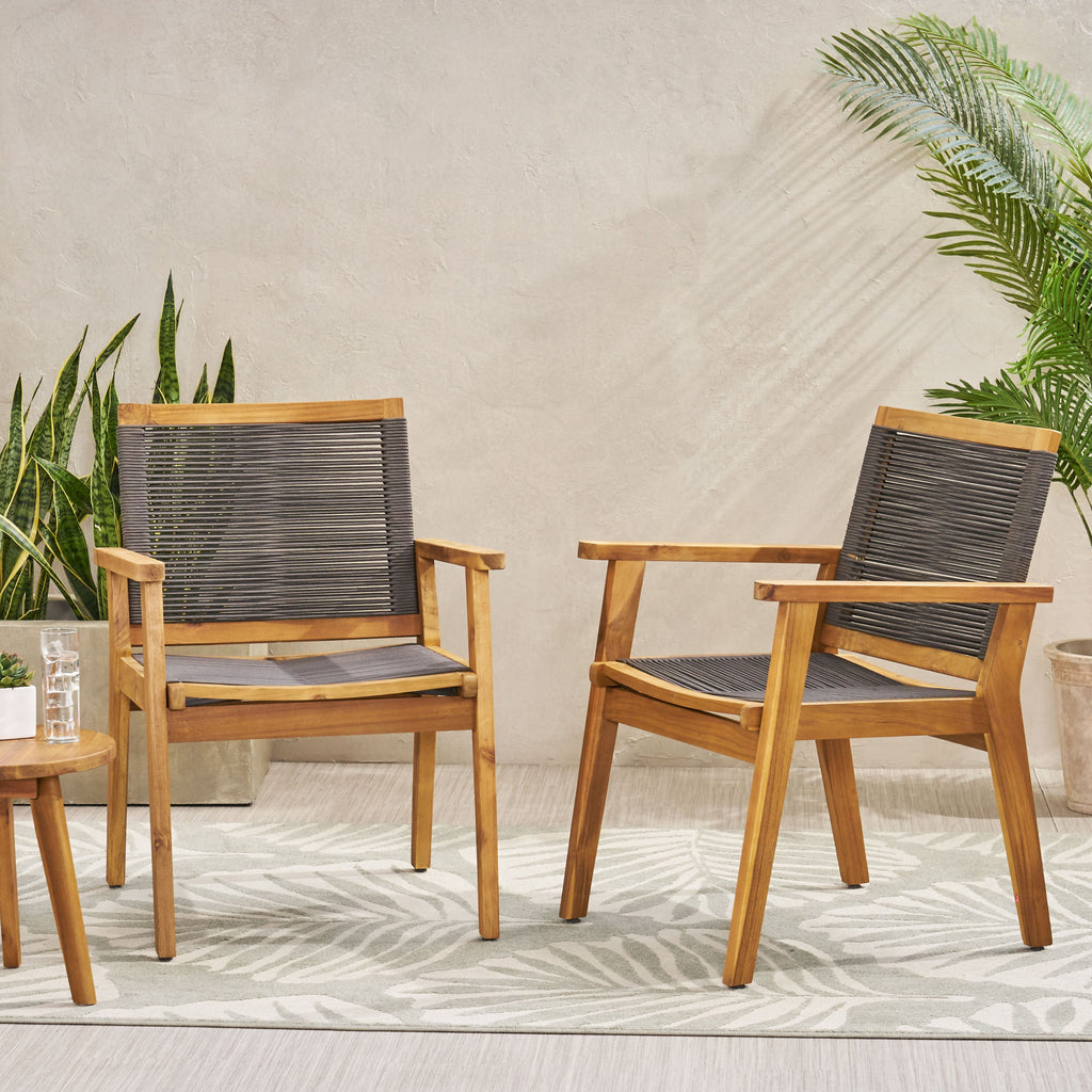 Outdoor Dining Chair with Rope Weave Design and Wooden Frame, Set of 2