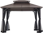 10x12 Brown Hardtop Gazebo With Steel Frame And Netting For Outdoor