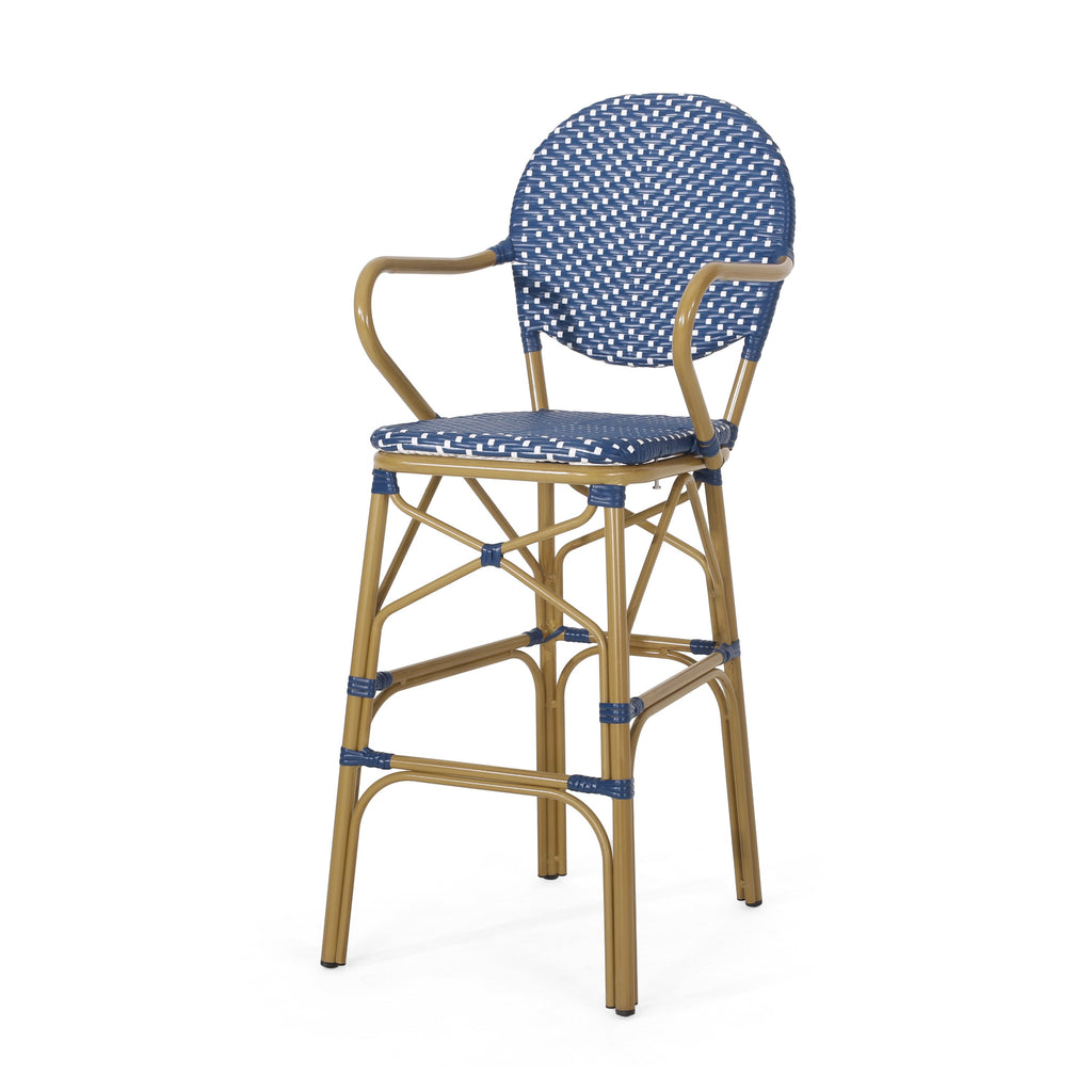Valorous Outdoor Wicker Bar Stool with Round Back and Curved Arms, Set of 2