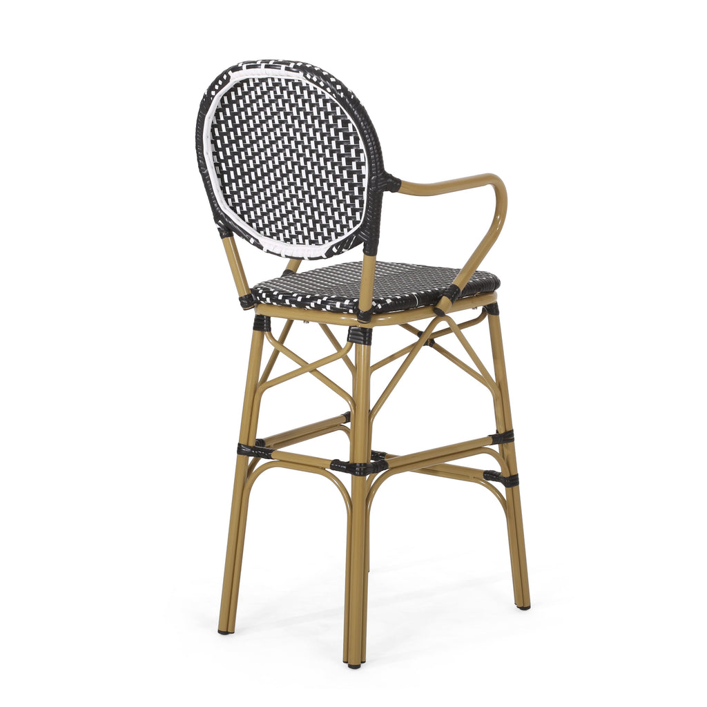 Valorous Outdoor Wicker Bar Stool with Round Back and Curved Arms, Set of 2