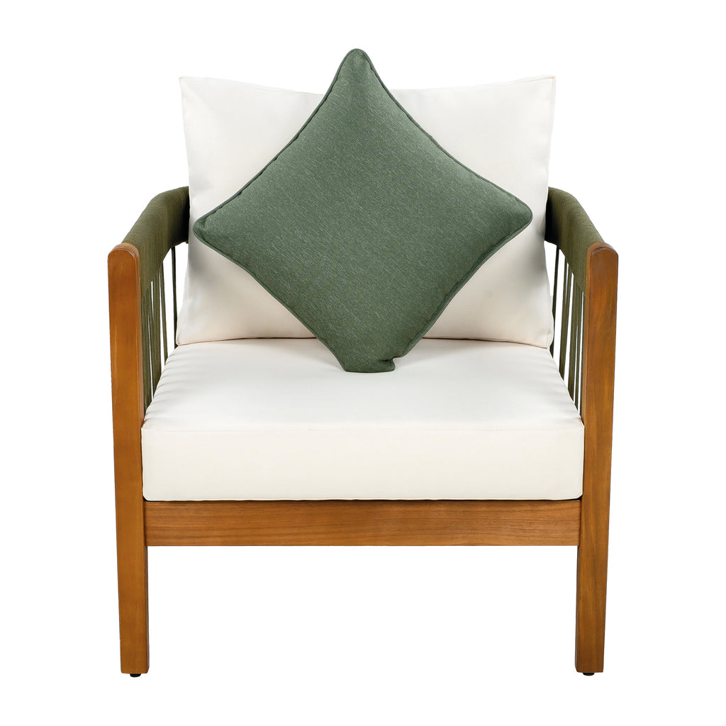 Azari Outdoor Acacia Wood Club Chair with Handwoven Rope Accents & Curved Backrest