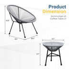 Acapulco-Style 3-Piece Patio Bistro Set with Gray PE Rattan Chairs & Tempered Glass Table