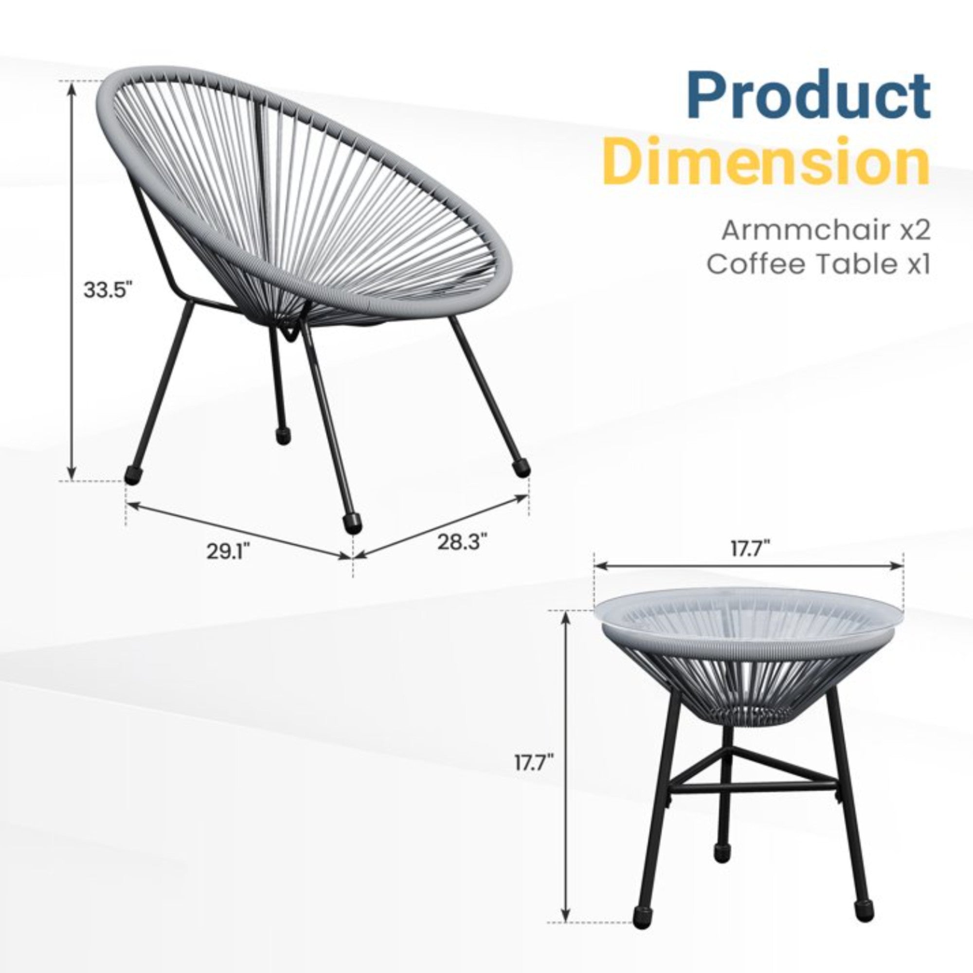 Acapulco-Style 3-Piece Patio Bistro Set with Gray PE Rattan Chairs & Tempered Glass Table