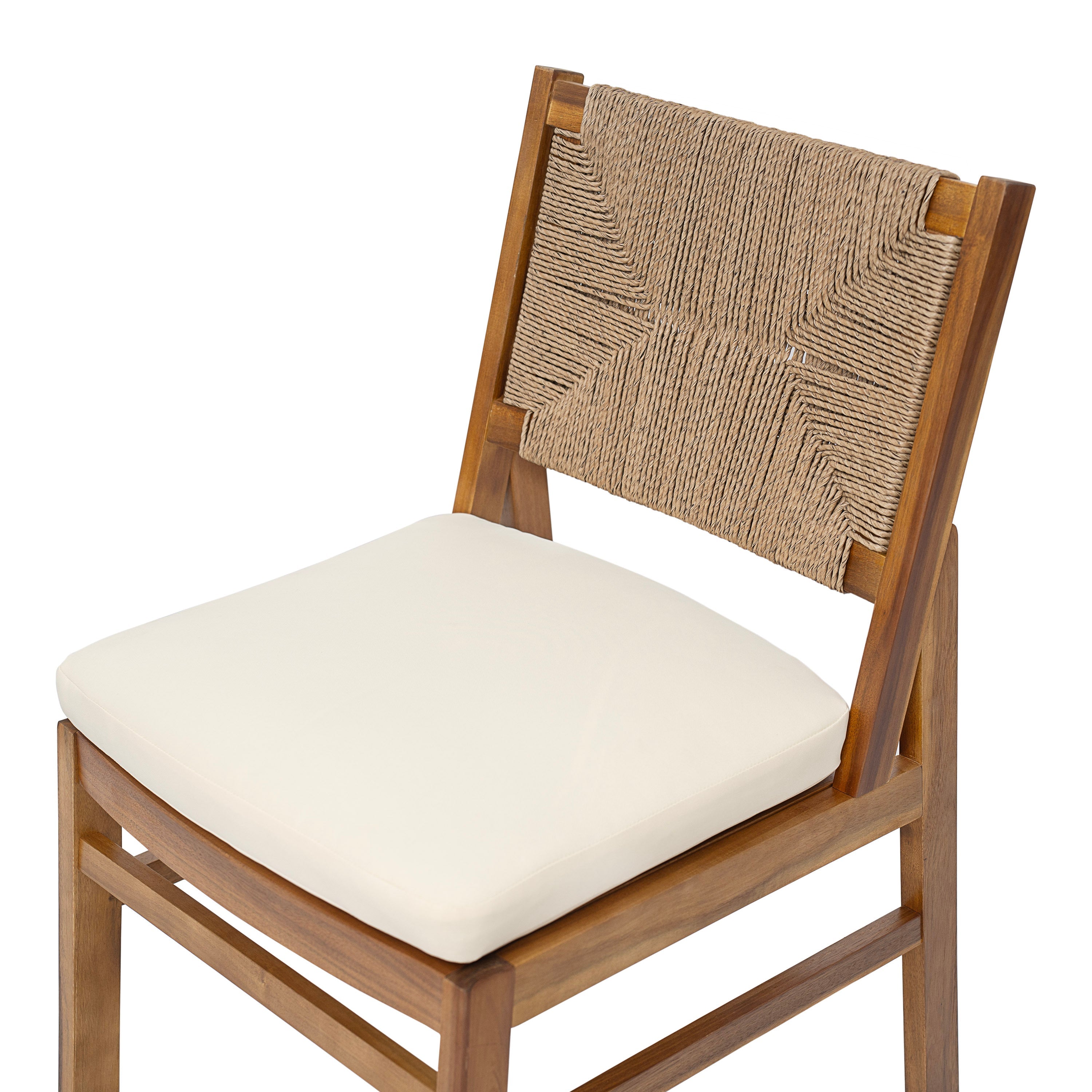 Monica Outdoor Wood and Wicker Woven Dining Chair with Cushions, Set of 2