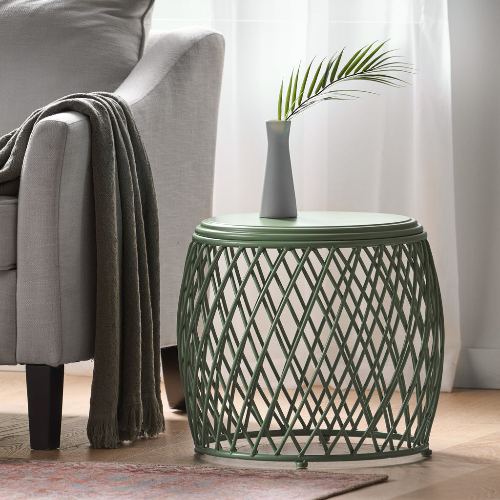 Coveted 19.75" Outdoor Cylindrical Iron Side Table with Lattice Design