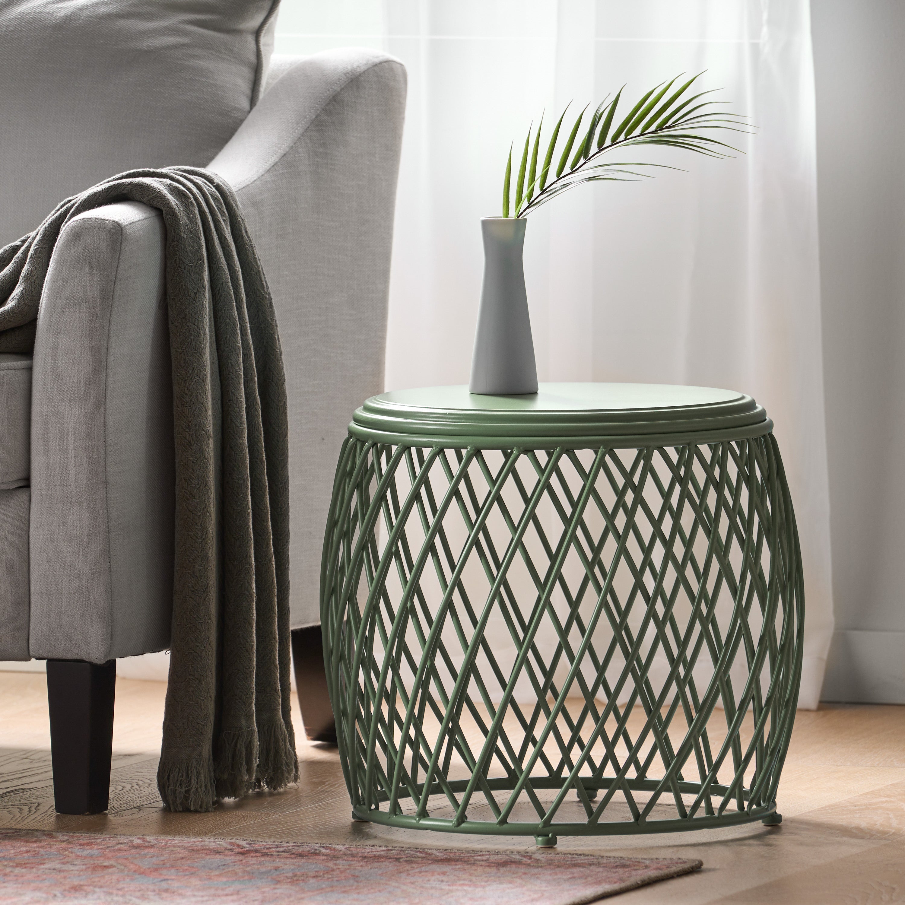 Coveted 19.75" Outdoor Cylindrical Iron Side Table with Lattice Design
