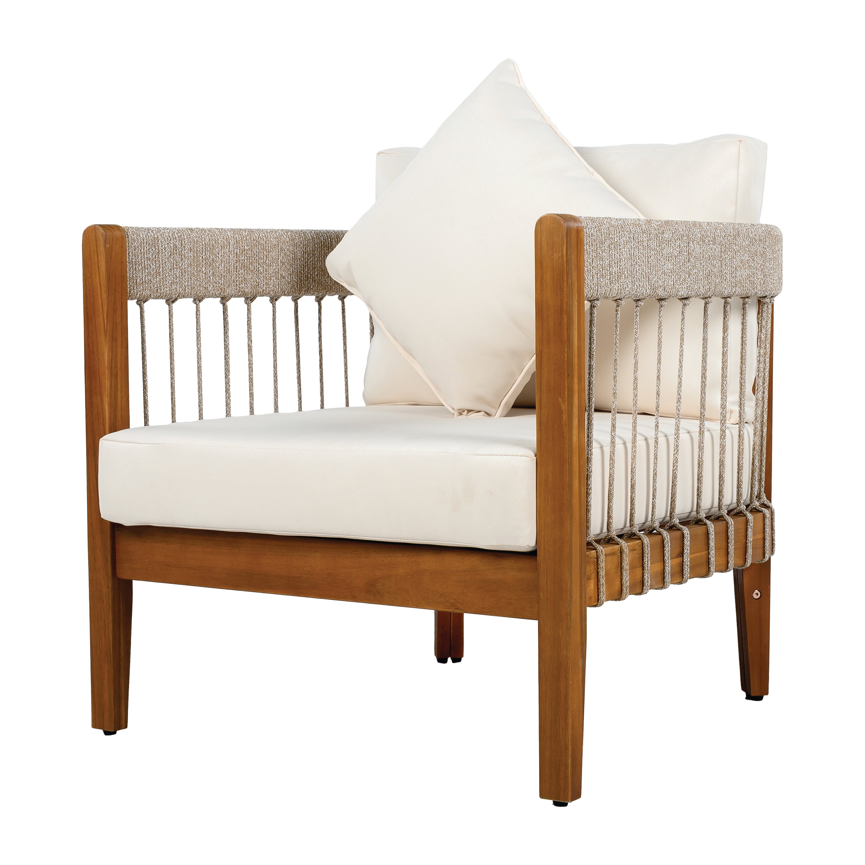 Azari Outdoor Acacia Wood Club Chair with Handwoven Rope Accents & Curved Backrest