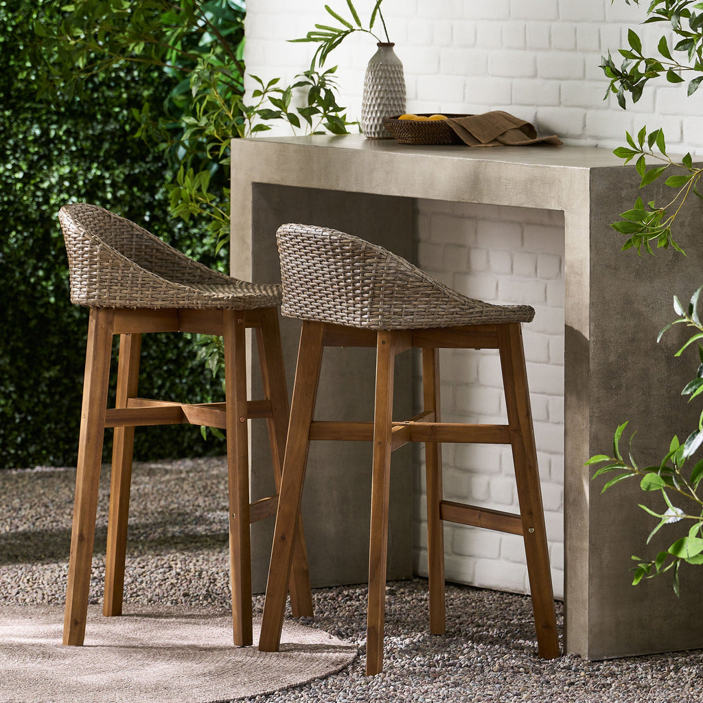 Beeson Outdoor Wicker and Acacia Wood Barstools, Set of 2