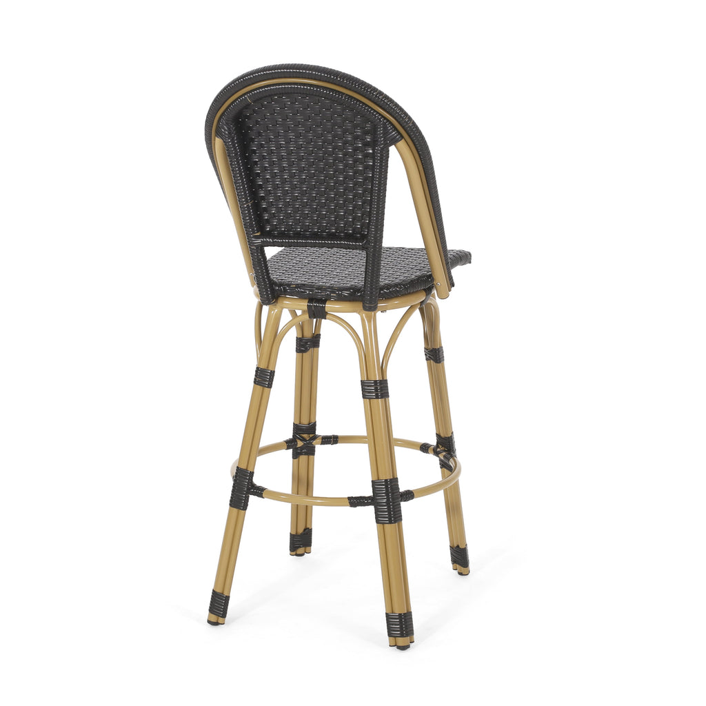 Callisto 29.5" Outdoor Rattan and Aluminum Bar Stool with Curved Back and Footrest