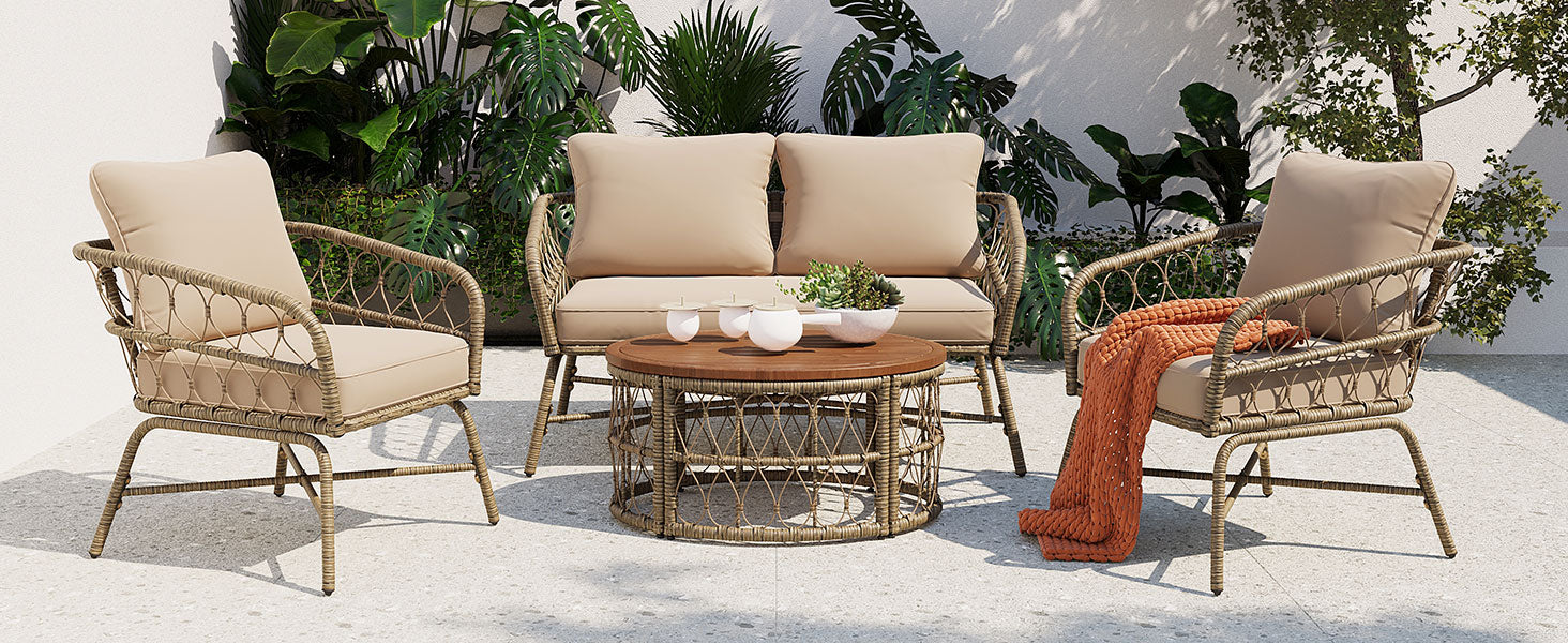 4-Piece Outdoor Sofa Set with Woven Wicker Design and Wood Table Top
