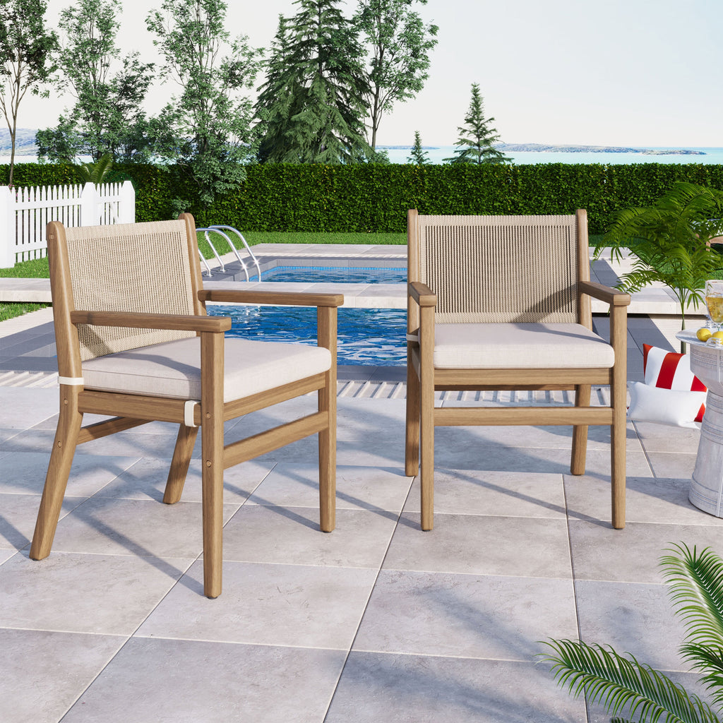 Outdoor Dining Chair with Rope Design Back and Seat Cushion, Set of 2