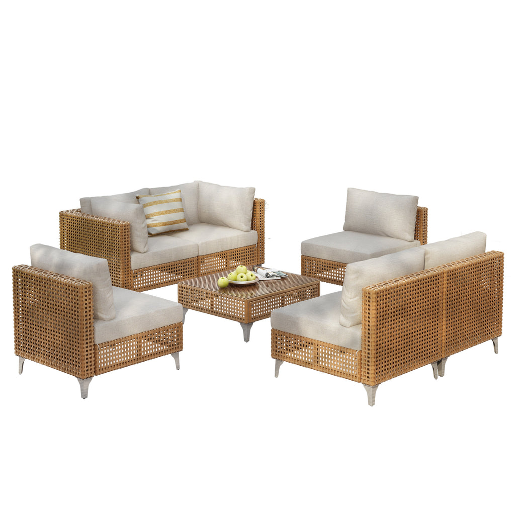 7-Piece Outdoor Wicker Sectional Sofa with Water Resistant Cushions and Coffee Table