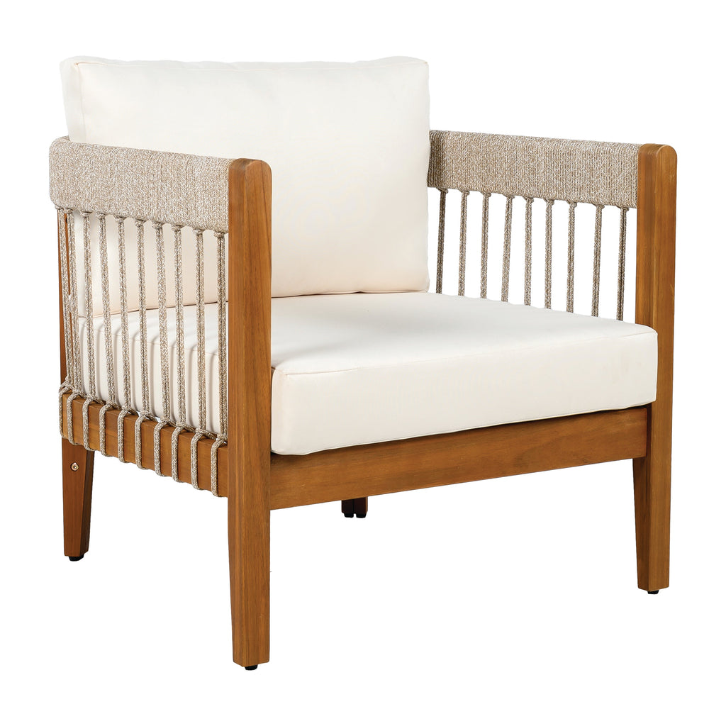 Azari Outdoor Acacia Wood Club Chair with Handwoven Rope Accents & Curved Backrest