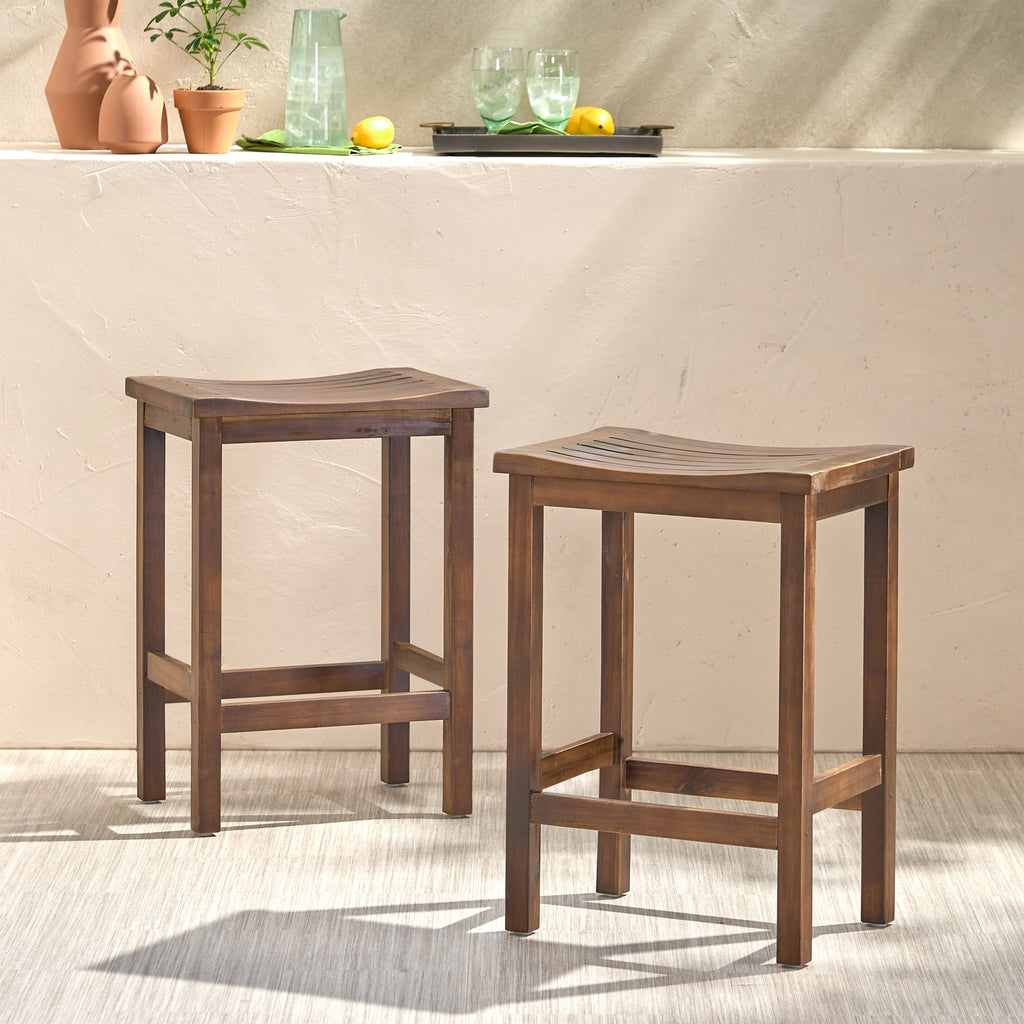 Mahogany Brown Outdoor Acacia Wood Counter Height Barstool, Set of 2