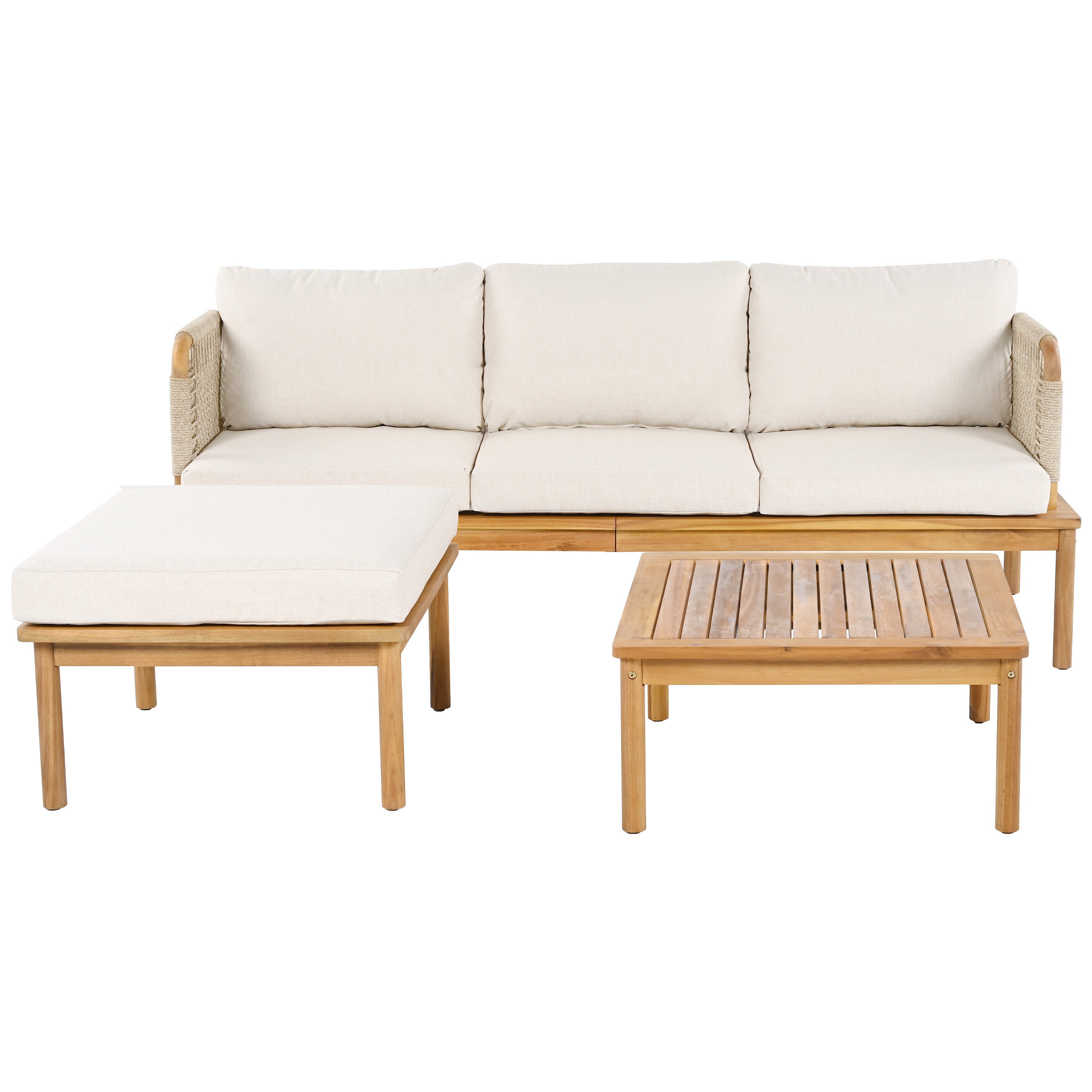 Isola Outdoor 3 Piece Acacia Wood and Rope Patio Sofa Set