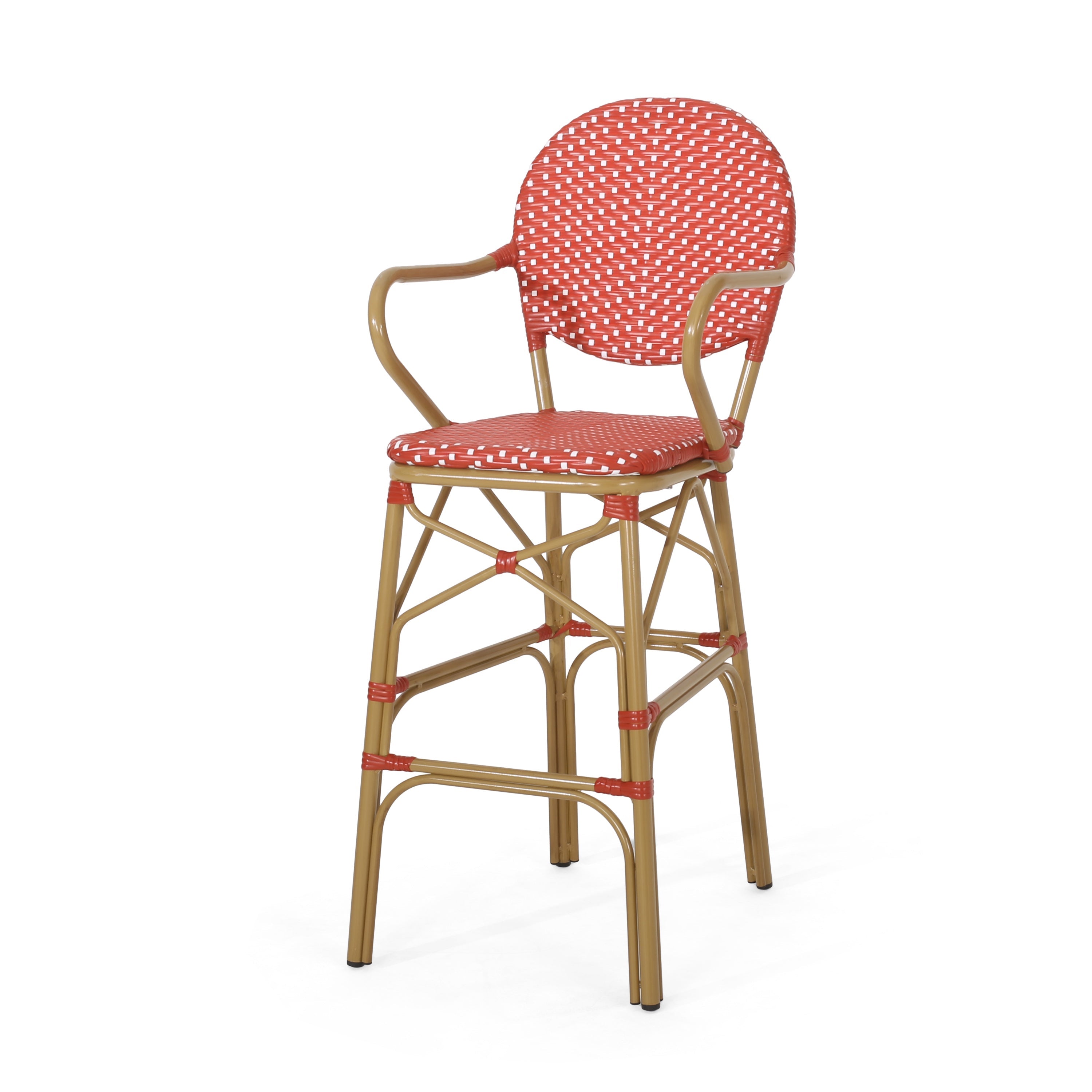 Valorous Outdoor Wicker Bar Stool with Round Back and Curved Arms, Set of 2