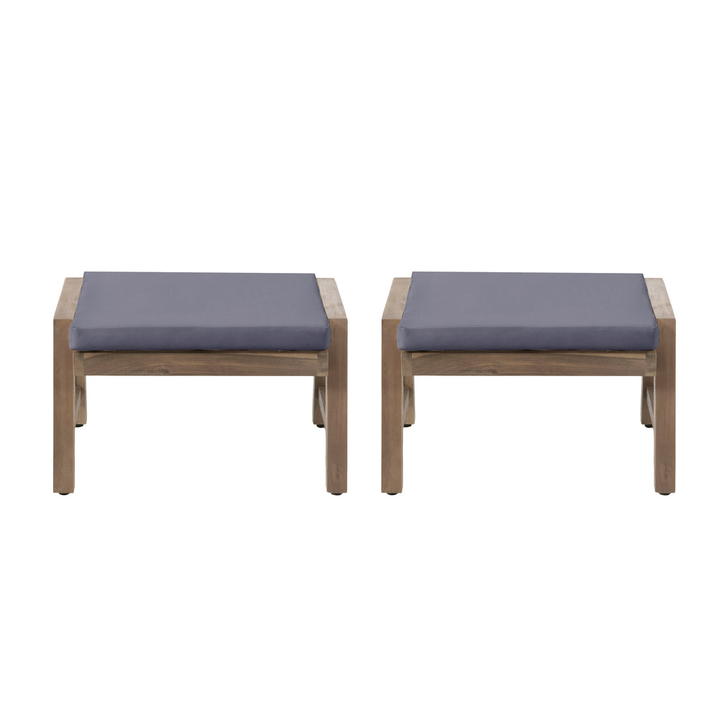 Brixton Acacia Wood Outdoor Ottomans with Cushion, Set of 2