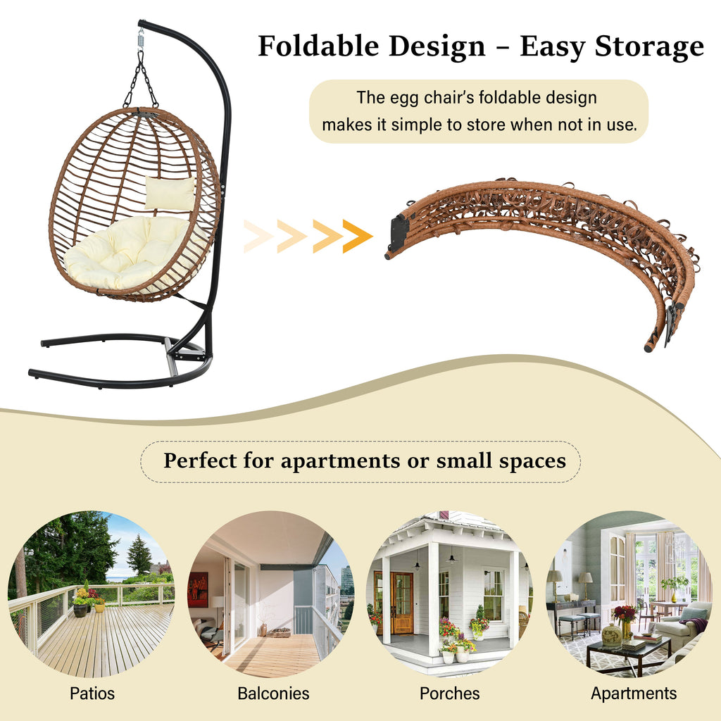 Folding Hanging Swinging Egg Chair with Stand & Tufted Cushion