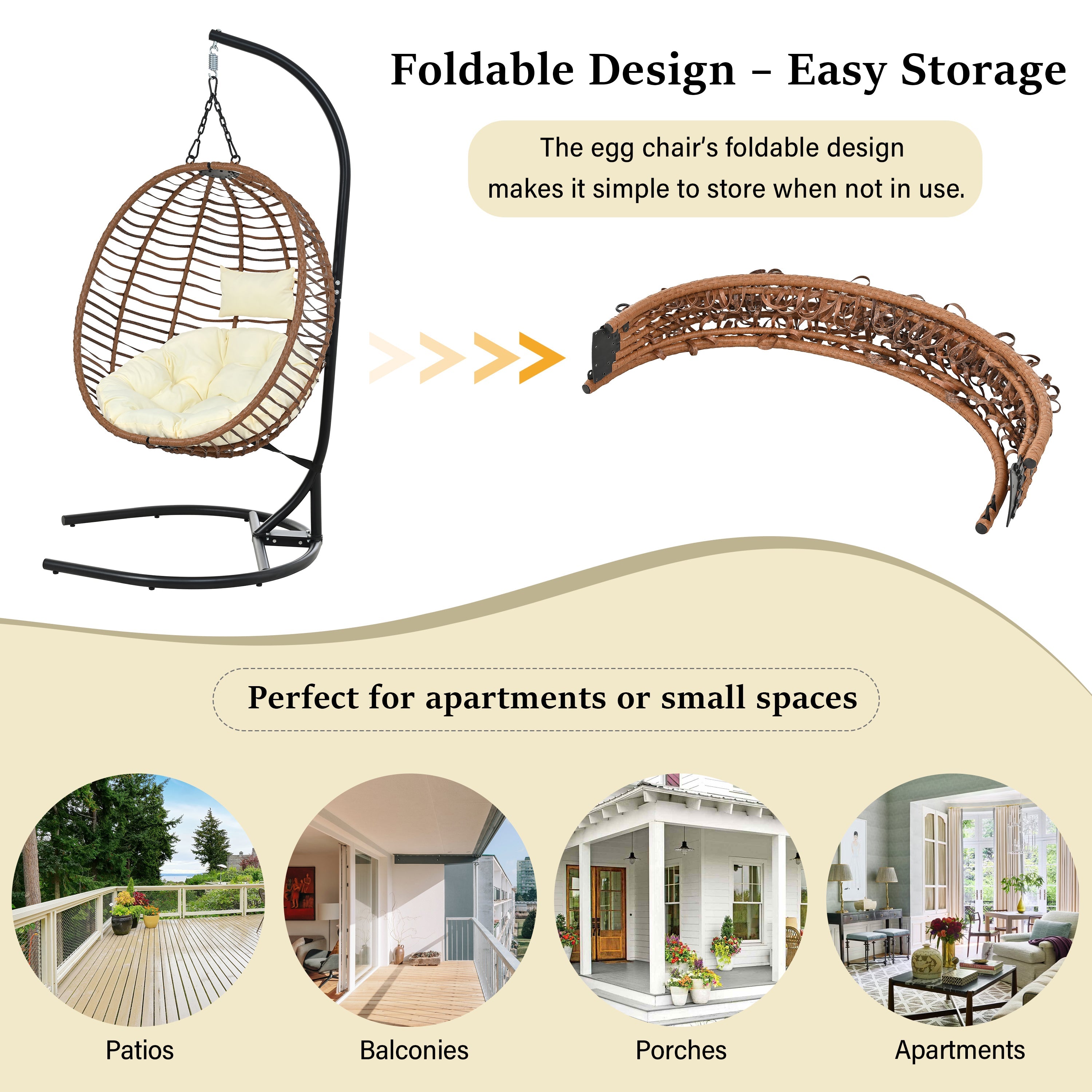 Folding Hanging Swinging Egg Chair with Stand & Tufted Cushion