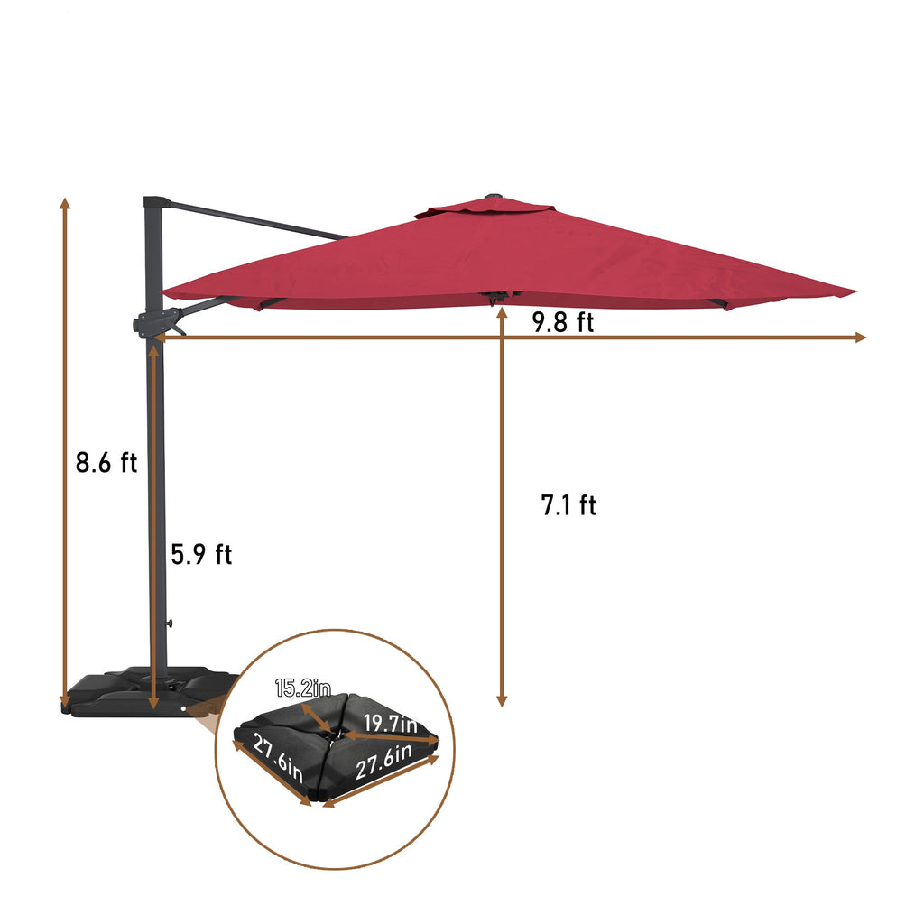 10'X10' Square Cantilever Umbrella with Center Pole, Base Not Included