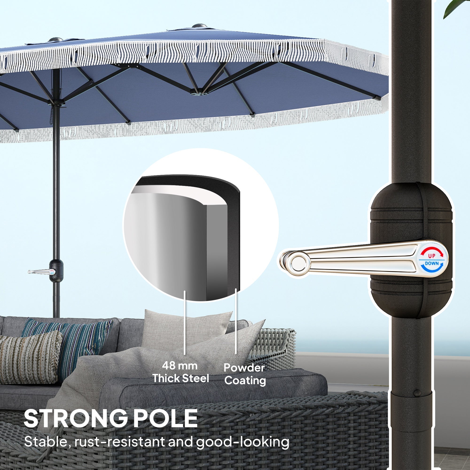 Oversized Fringe Trim Patio Umbrella with Crank Handle