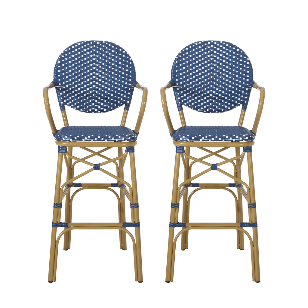 Valorous Outdoor Wicker Bar Stool with Round Back and Curved Arms, Set of 2