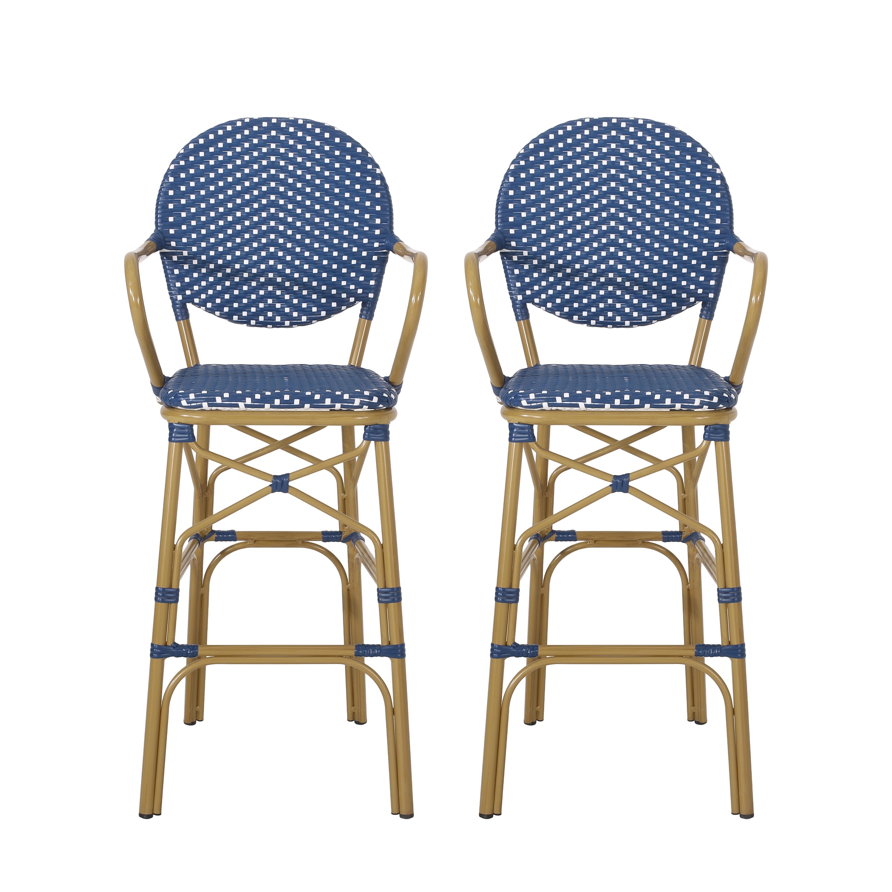 Valorous Outdoor Wicker Bar Stool with Round Back and Curved Arms, Set of 2