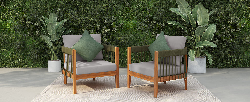 Azari Outdoor Acacia Wood Club Chair with Handwoven Rope Accents & Curved Backrest