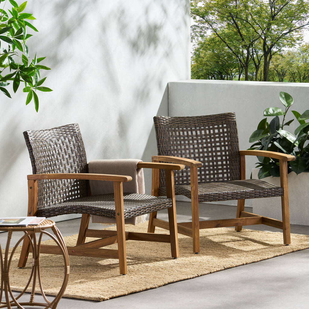 Hampton Outdoor Rattan & Acacia Wood Wicker Club Chairs, Set of 2