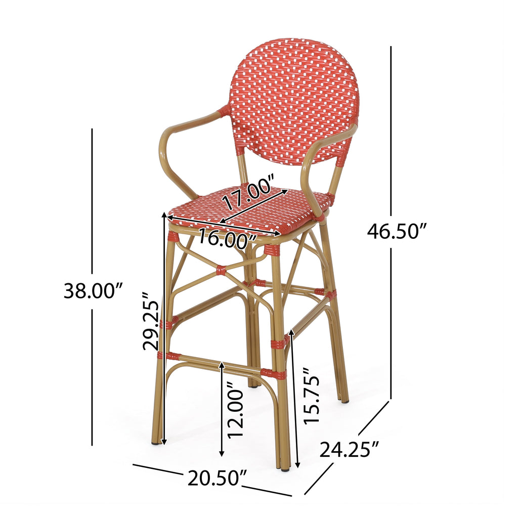Valorous Outdoor Wicker Bar Stool with Round Back and Curved Arms, Set of 2