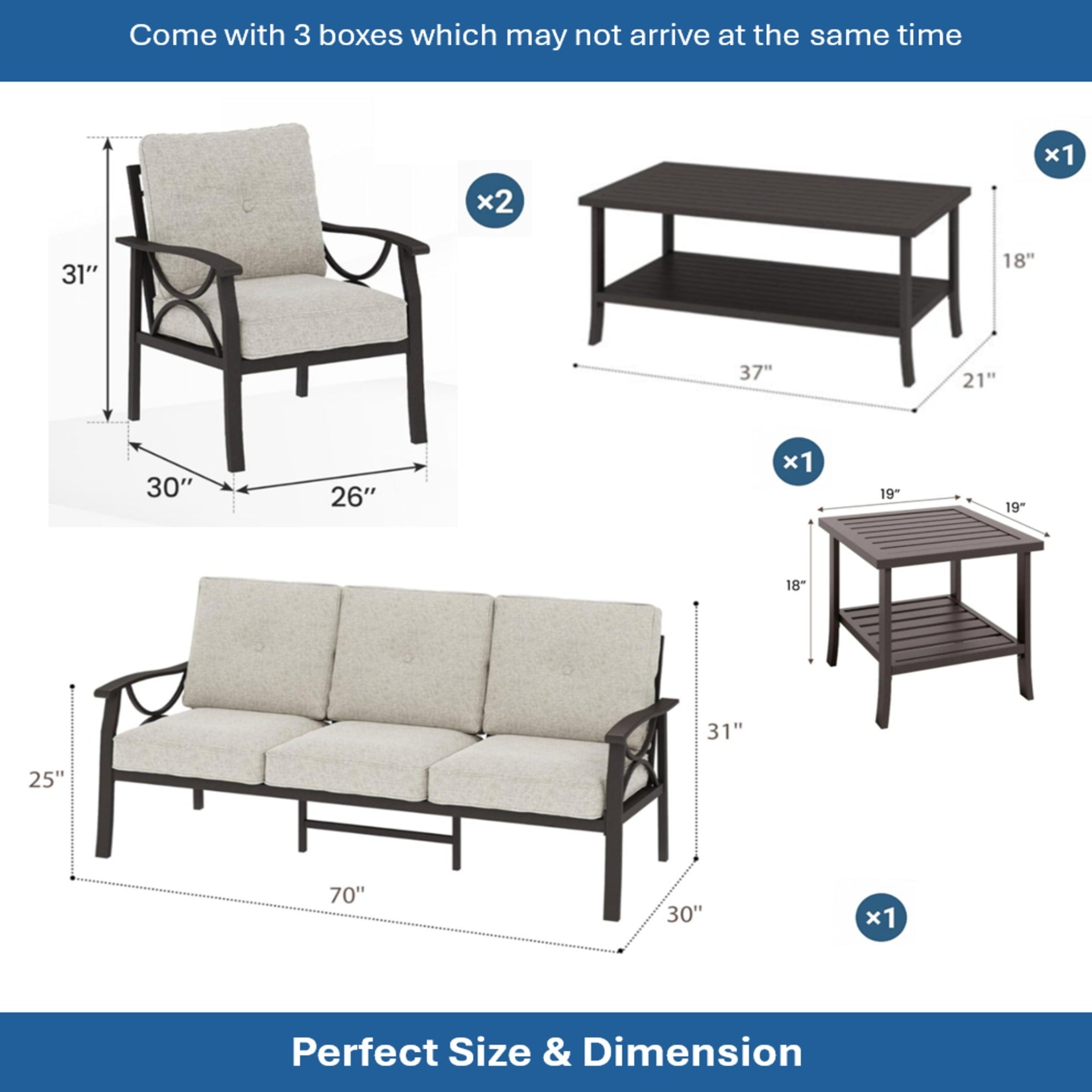 Marisol 5 Piece Metal Patio Furniture Set with 3 Seater Sofa