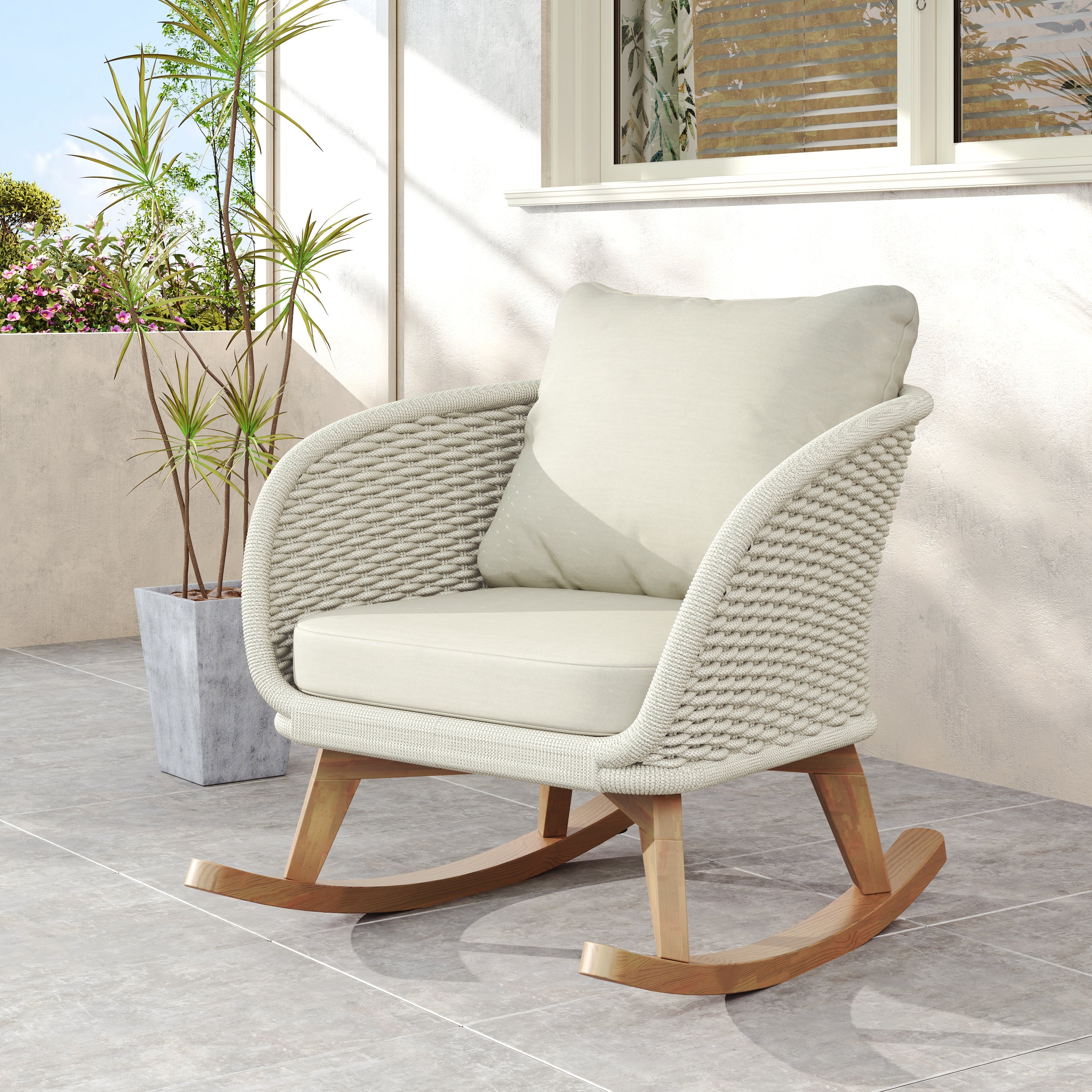Contemporary Minimalist Wicker Rocking Chair with Cushions
