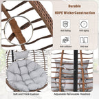 Foldable Rattan Egg Swing Chair with Iron Frame, Plush Cushion & Removable Headrest