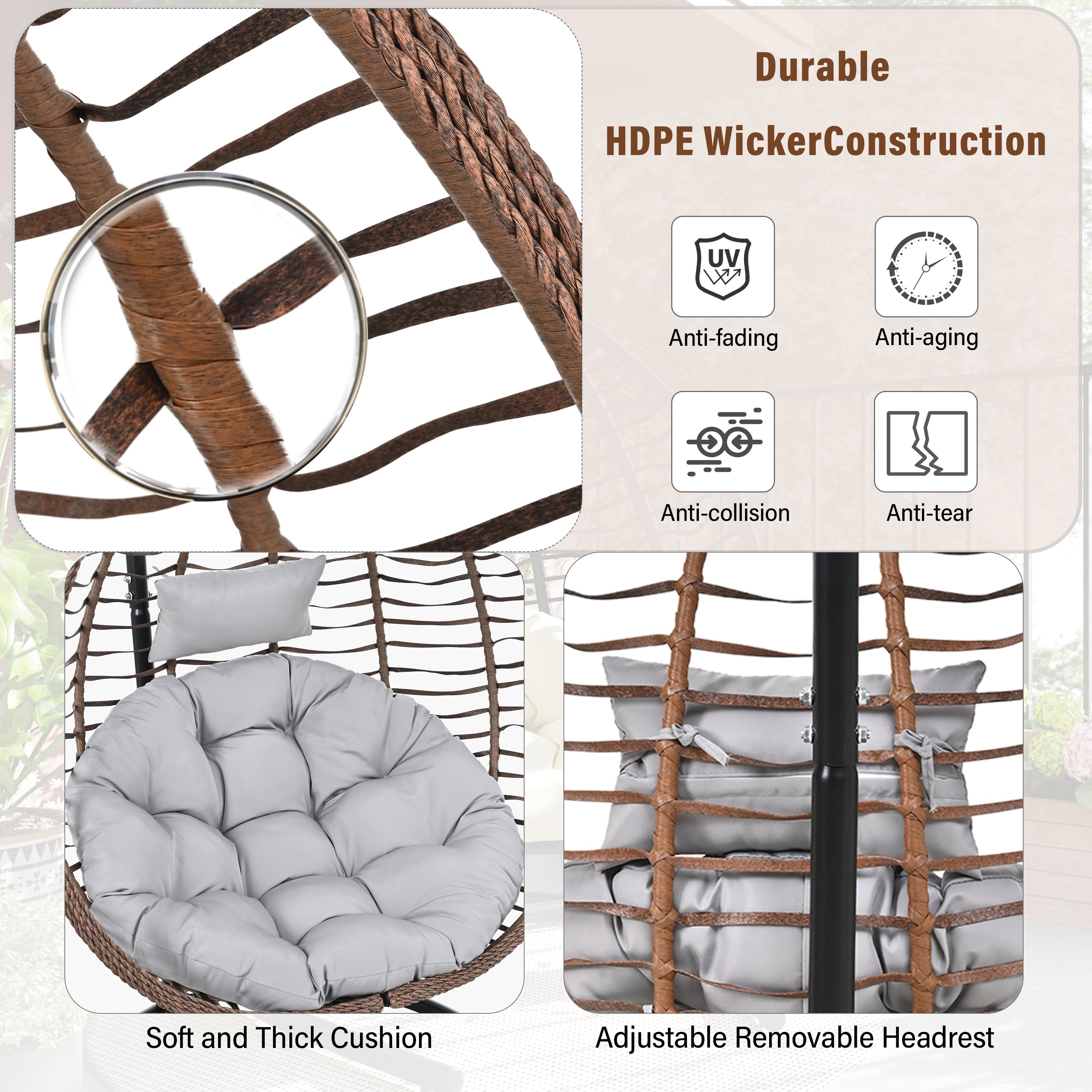 Foldable Rattan Egg Swing Chair with Iron Frame, Plush Cushion & Removable Headrest