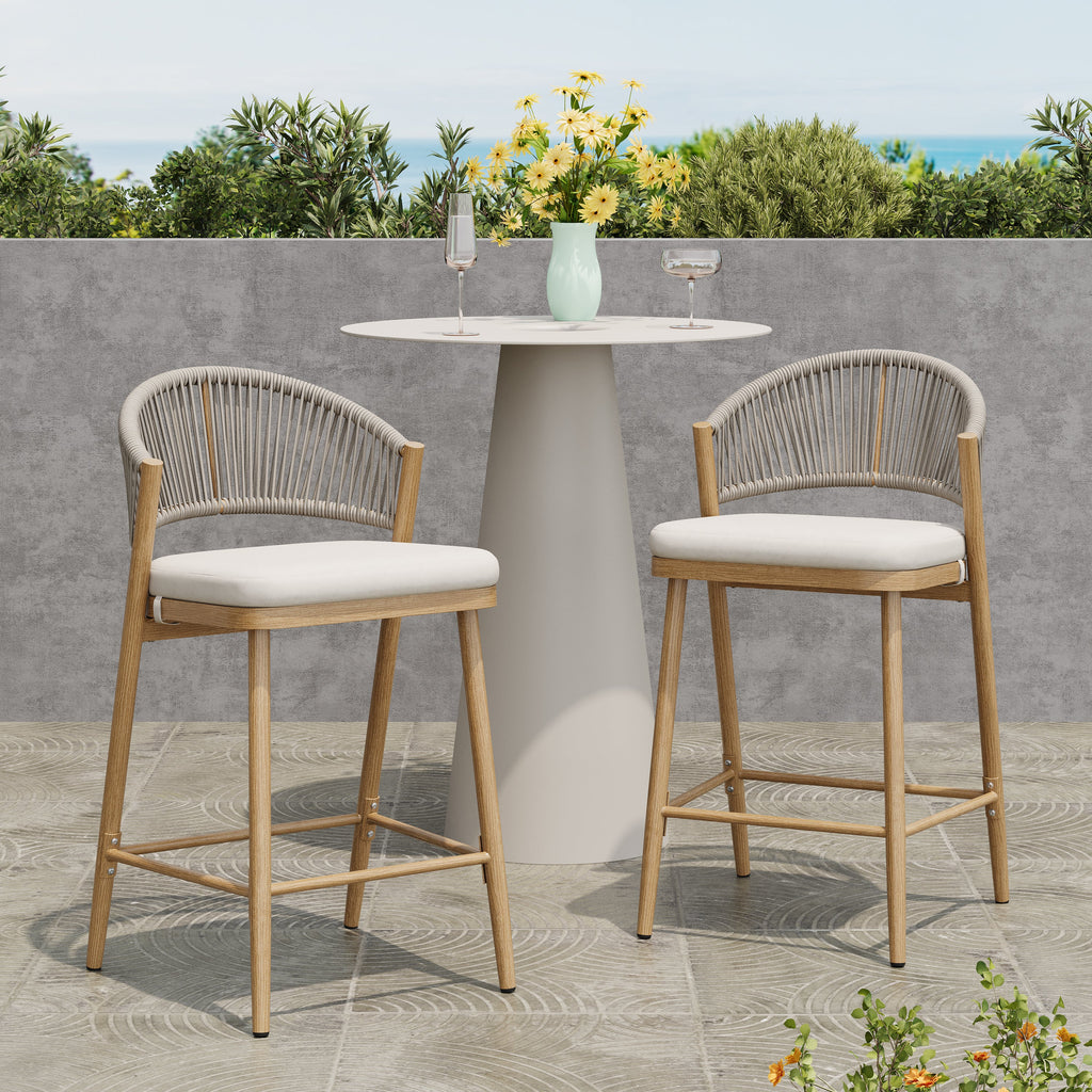 Outdoor Metal Frame Stools with Scallop-Shaped Backrest & Water-Resistant Cushions, Set of 2