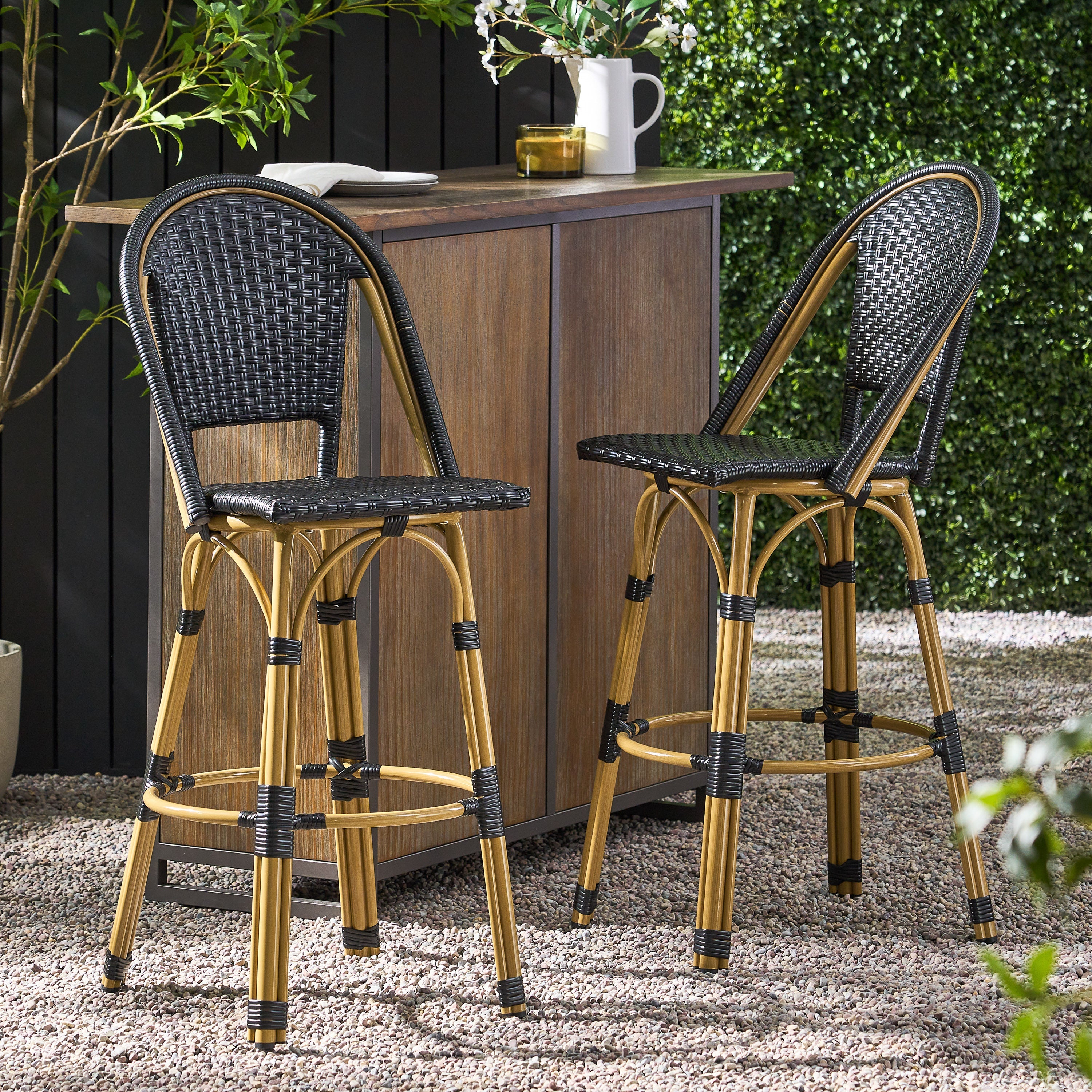 Callisto 29.5" Outdoor Rattan and Aluminum Bar Stool with Curved Back and Footrest